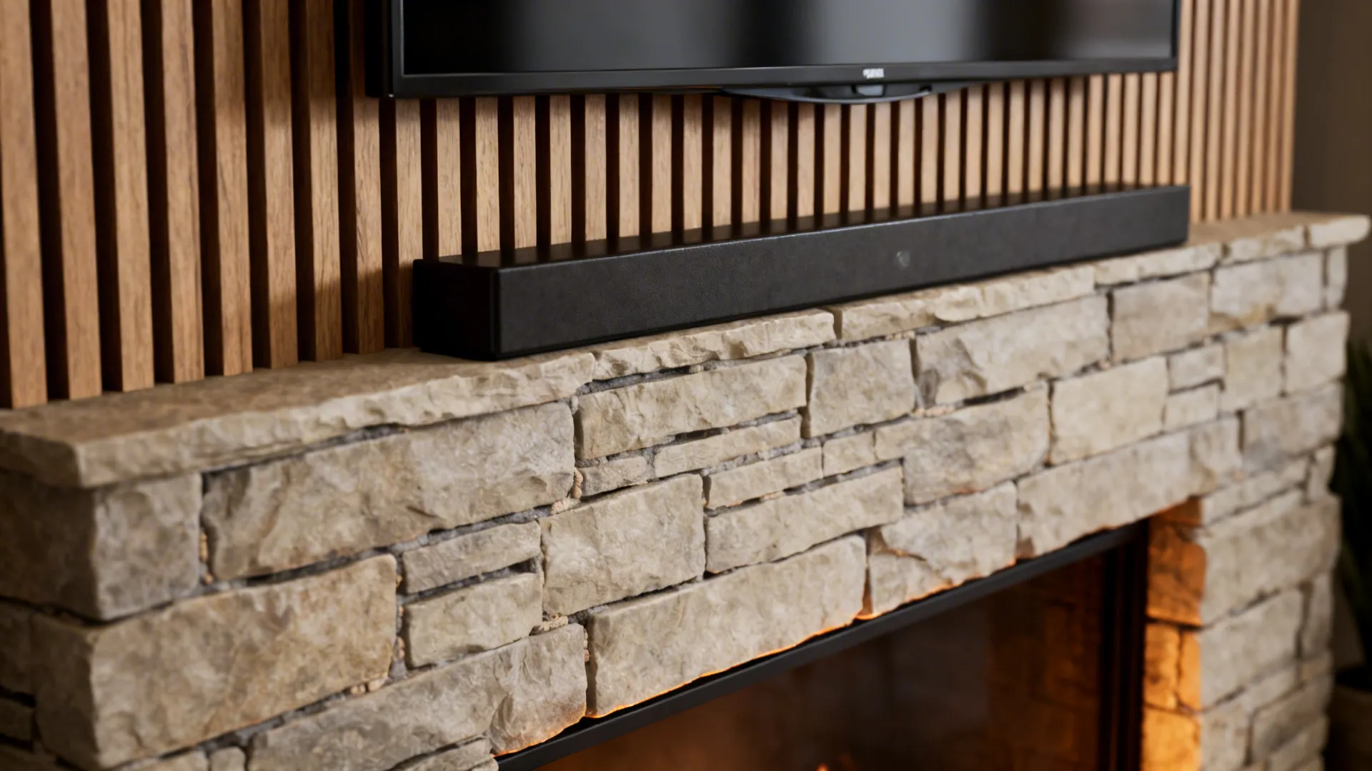 Close-up of a fireplace/media accent wall with wood slat detail behind a TV.