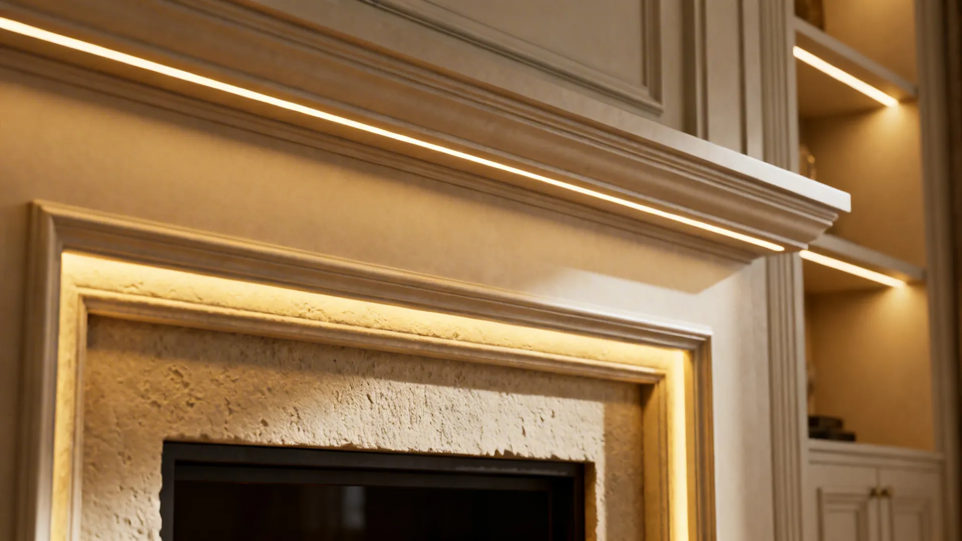 Close up of stone wall panel above fireplace with warm hidden strip light and shelving unit