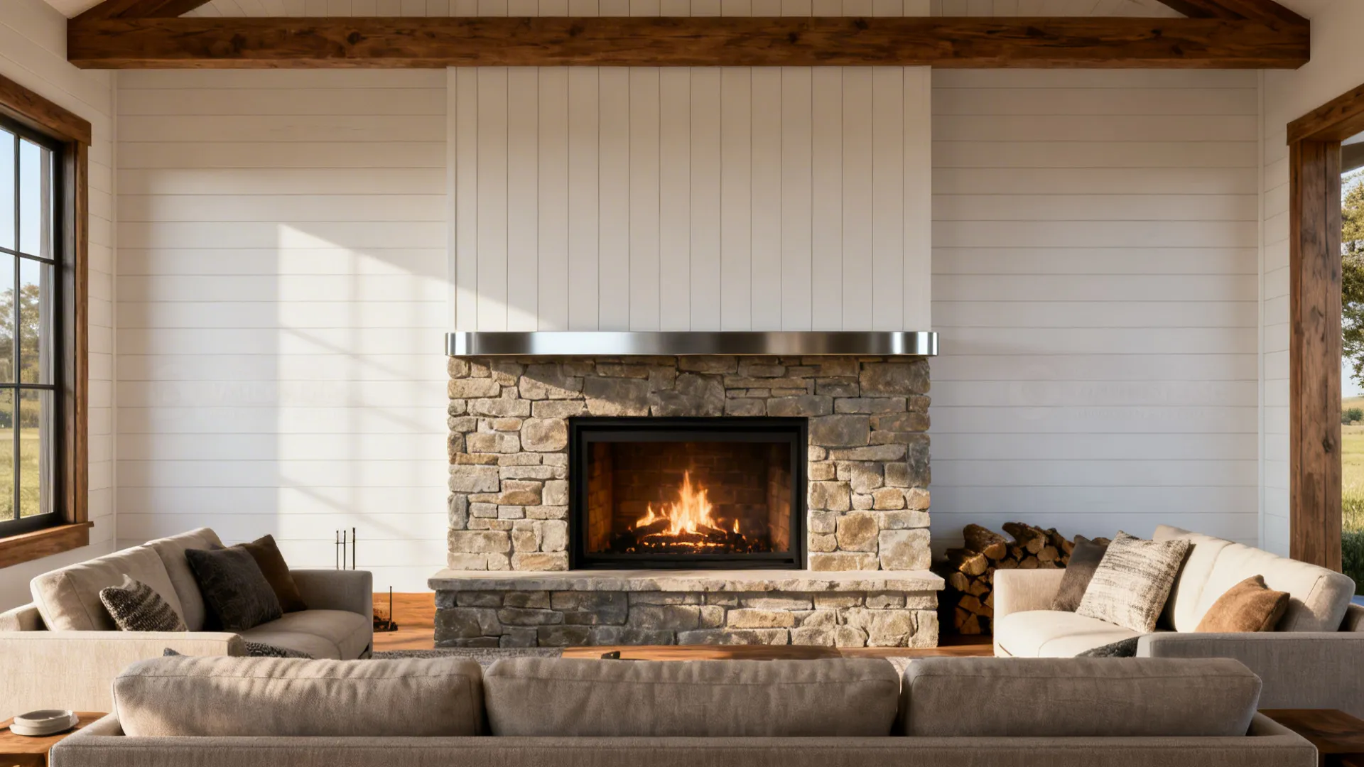 Modern living room with a stone fireplace, fire burning, white wall panels, and two grey sofas