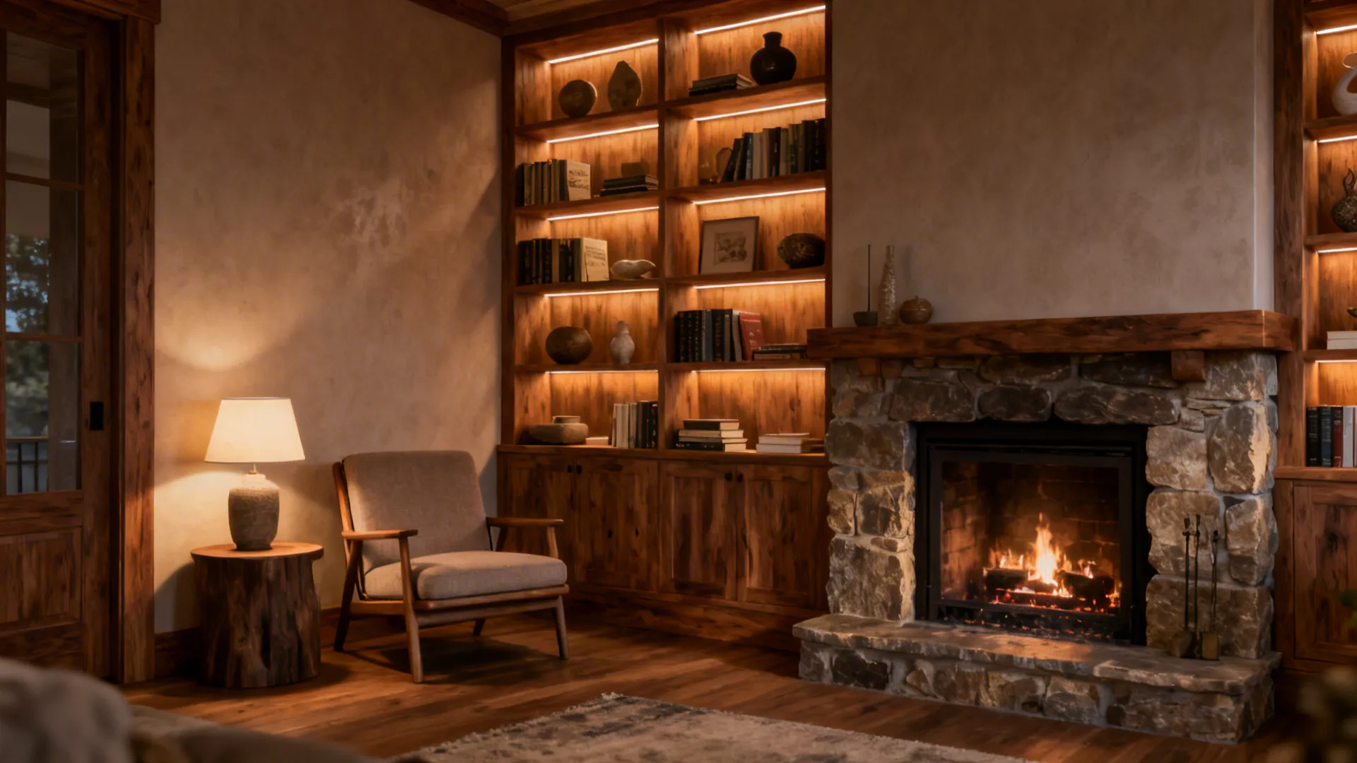 Corner fireplace transformed into a curated niche with built-in shelves and a reading chair