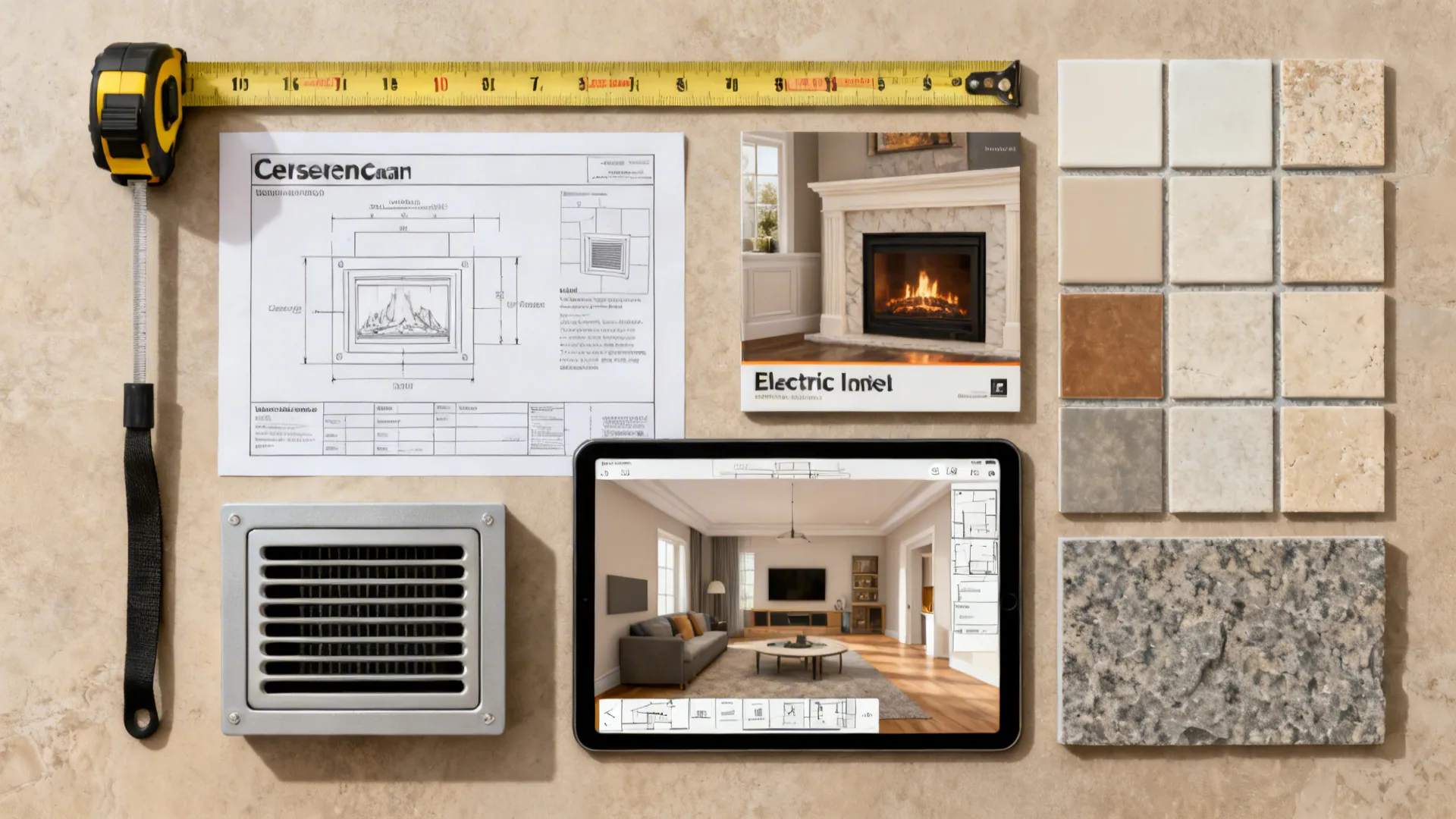 Flatlay of fireplace renovation planning tools and material swatches with a tablet showing a 3D planner.