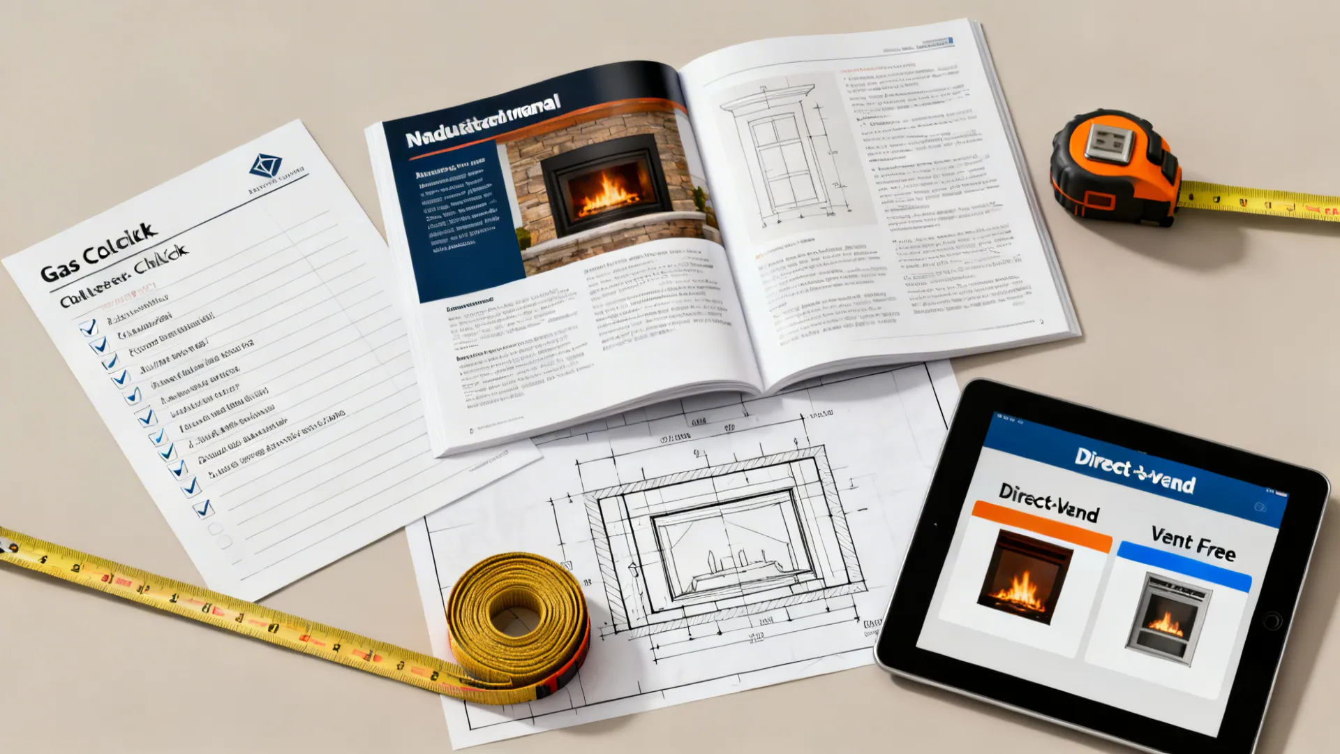 Fireplace planning materials including a checklist magazine tape measure room drawing and tablet with designs