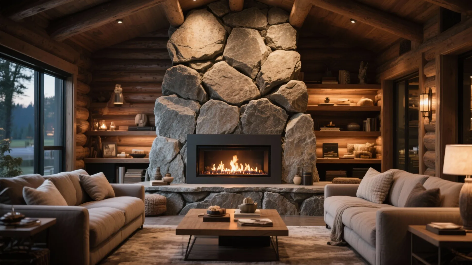 Rustic living room with large rock wall fireplace beige sofas wooden coffee table and lighting