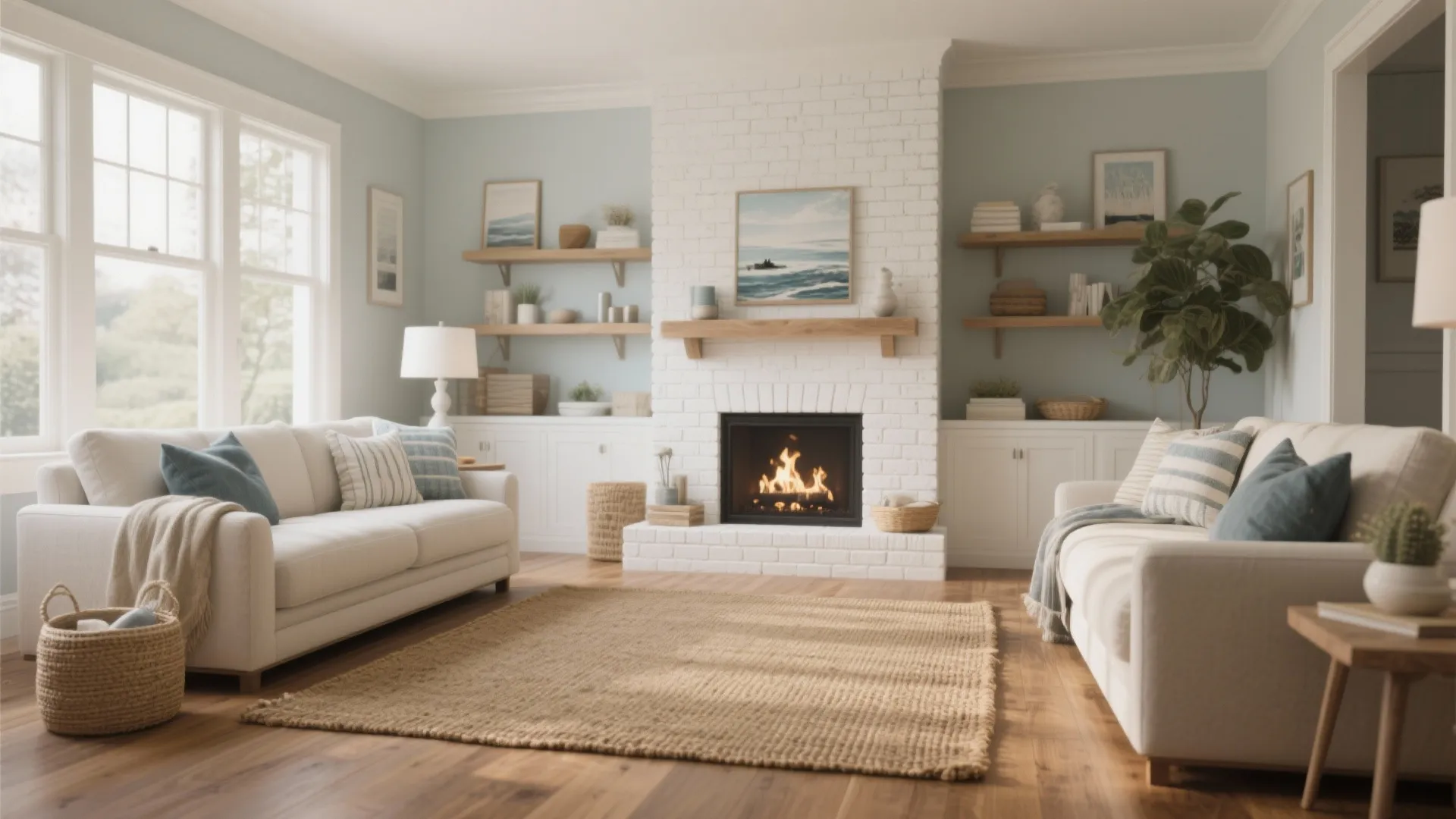 Bright living room with white brick fireplace and two sofas around a large woven rug
