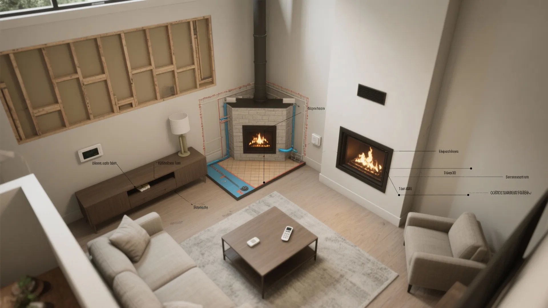 Interior design drawing showing a corner fireplace installation with safety pipes and living room furniture