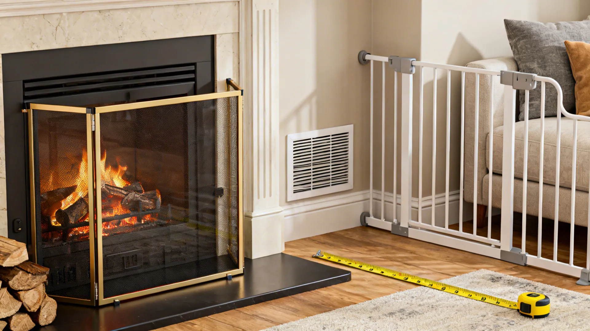 Safety features for corner fireplaces: hearth guard, glass barrier and ventilation details.