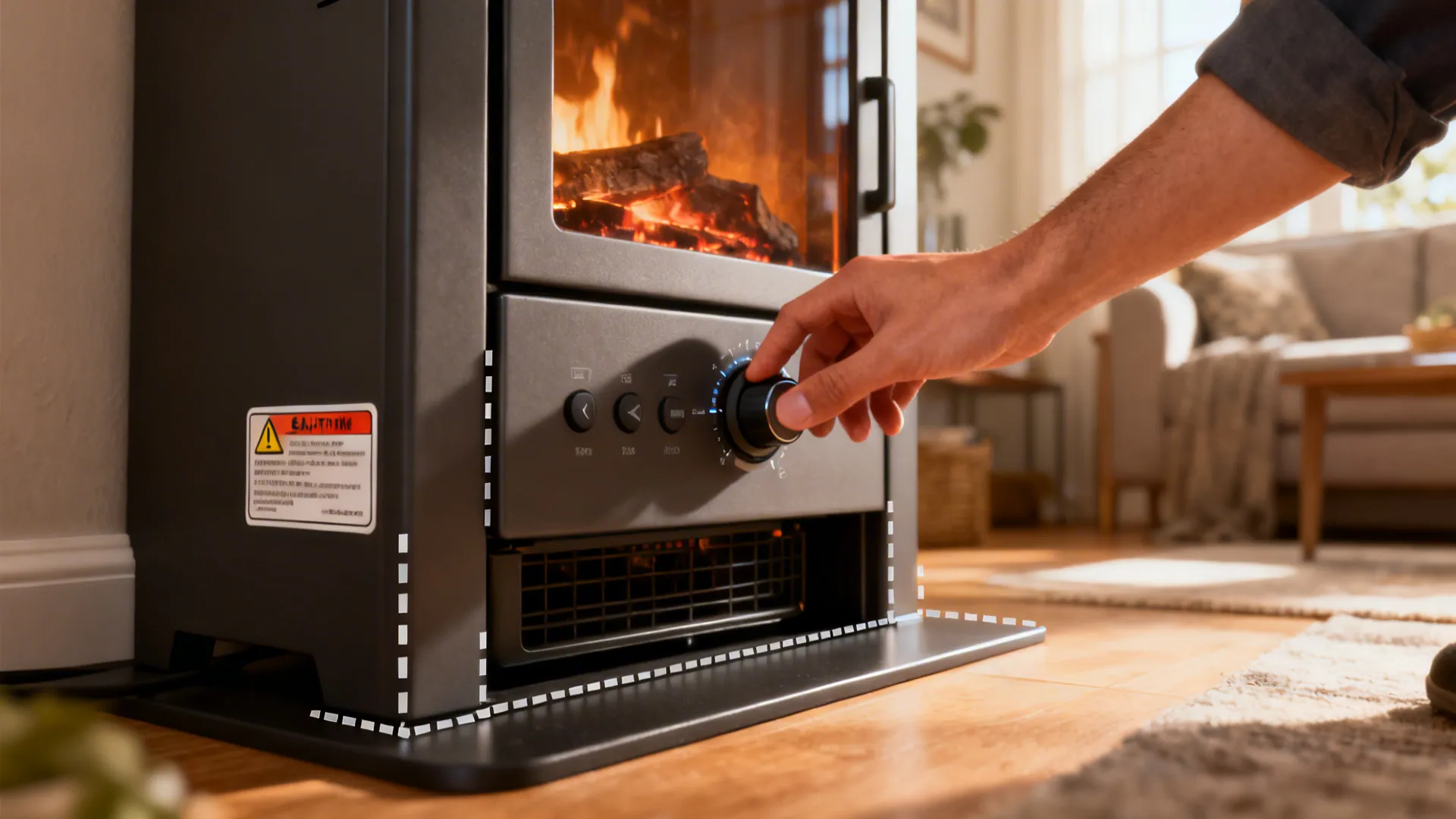Close-up of electric fireplace controls and safe clearance in a compact living room
