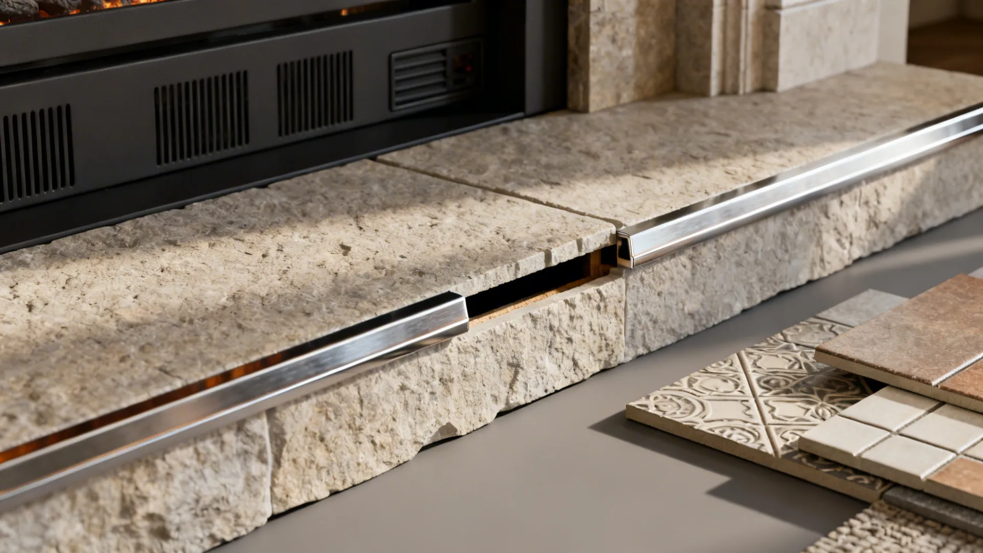 Close-up of hearth materials, heat-resistant trim, and ventilation details for fireplace safety.