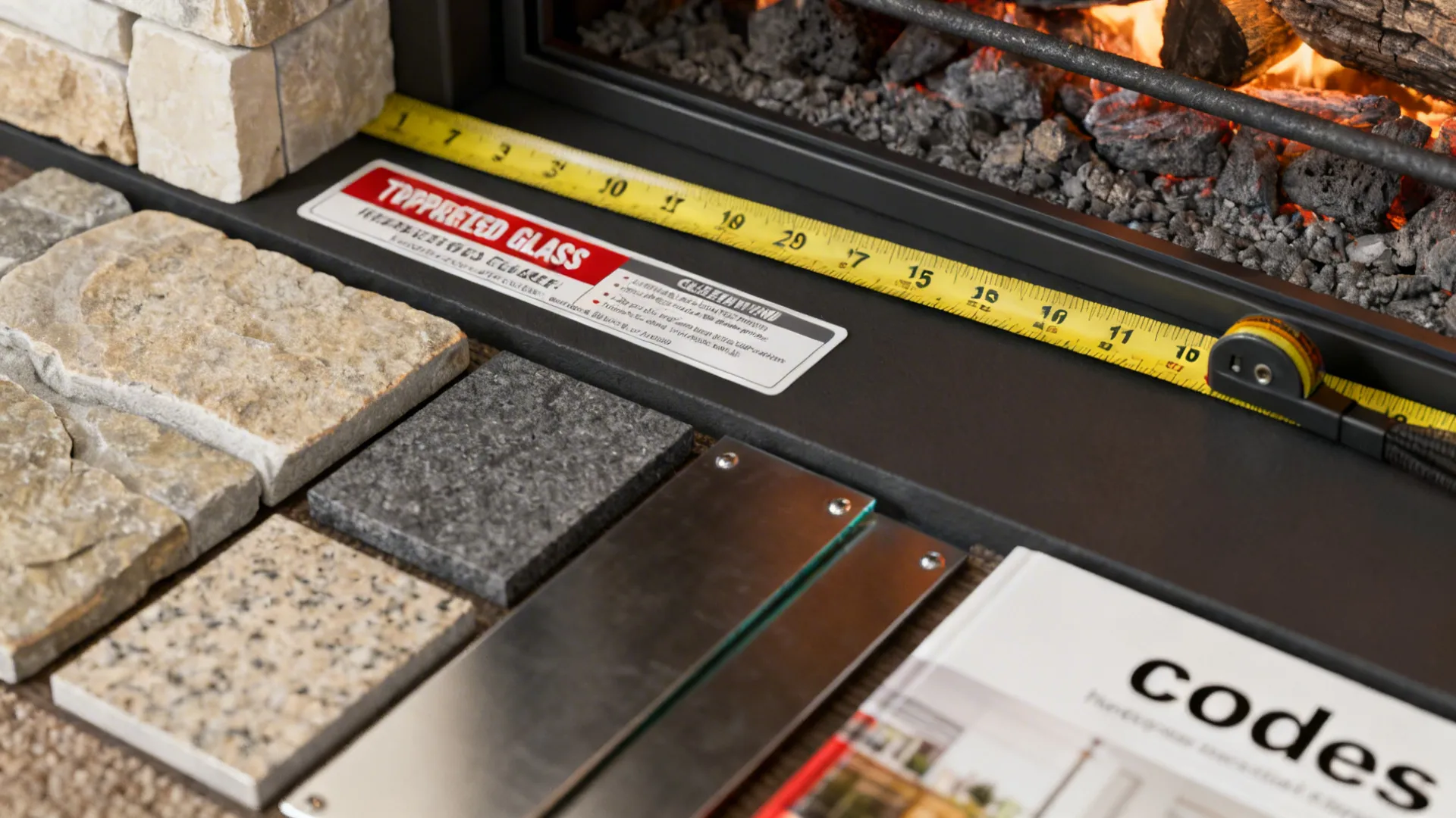 Close-up of fireplace safety elements including tempered glass, clearance measurements, and heat-resistant material samples.