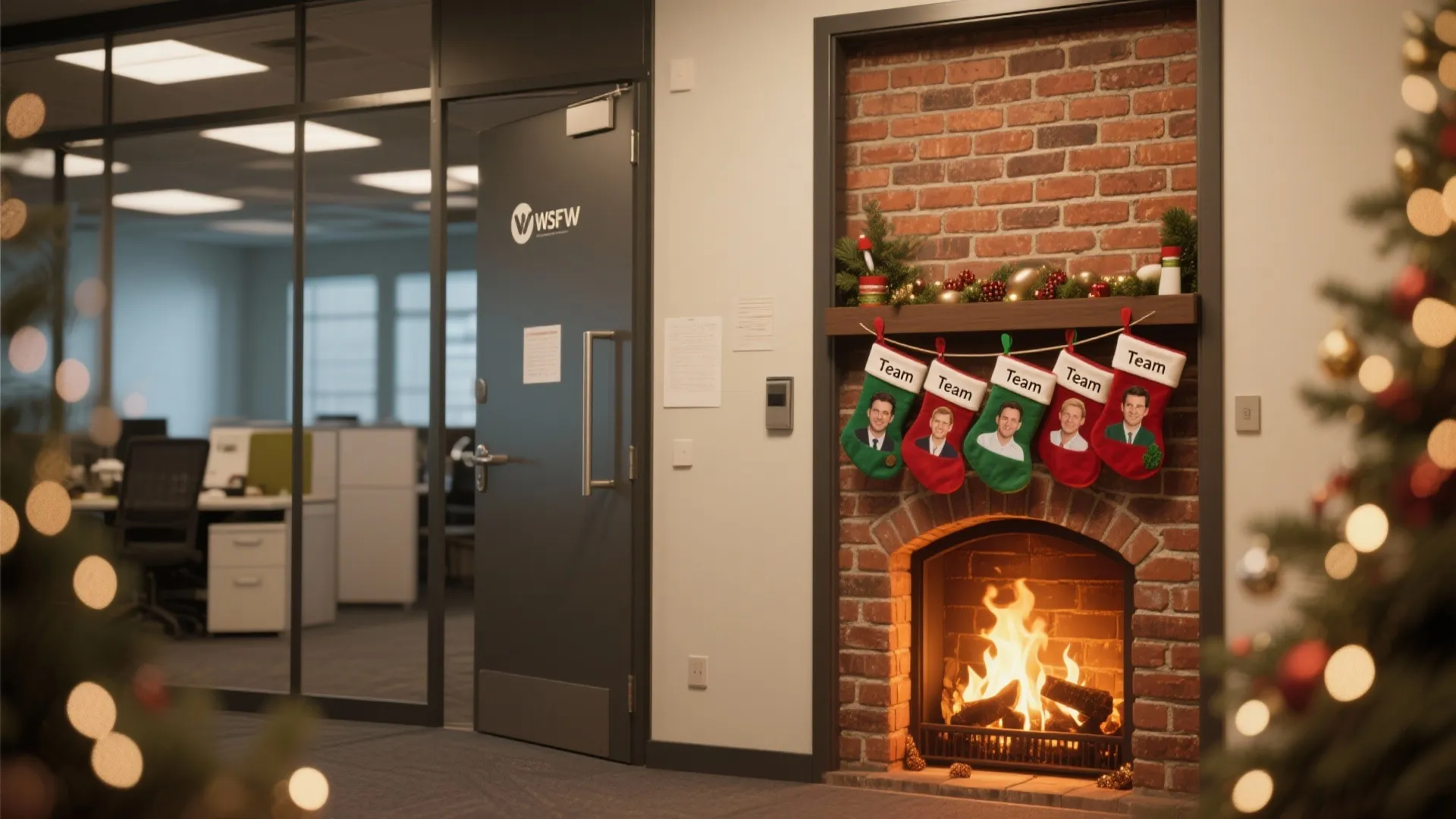 Office room door with brick fireplace wall featuring burning fire and five hanging Christmas stockings