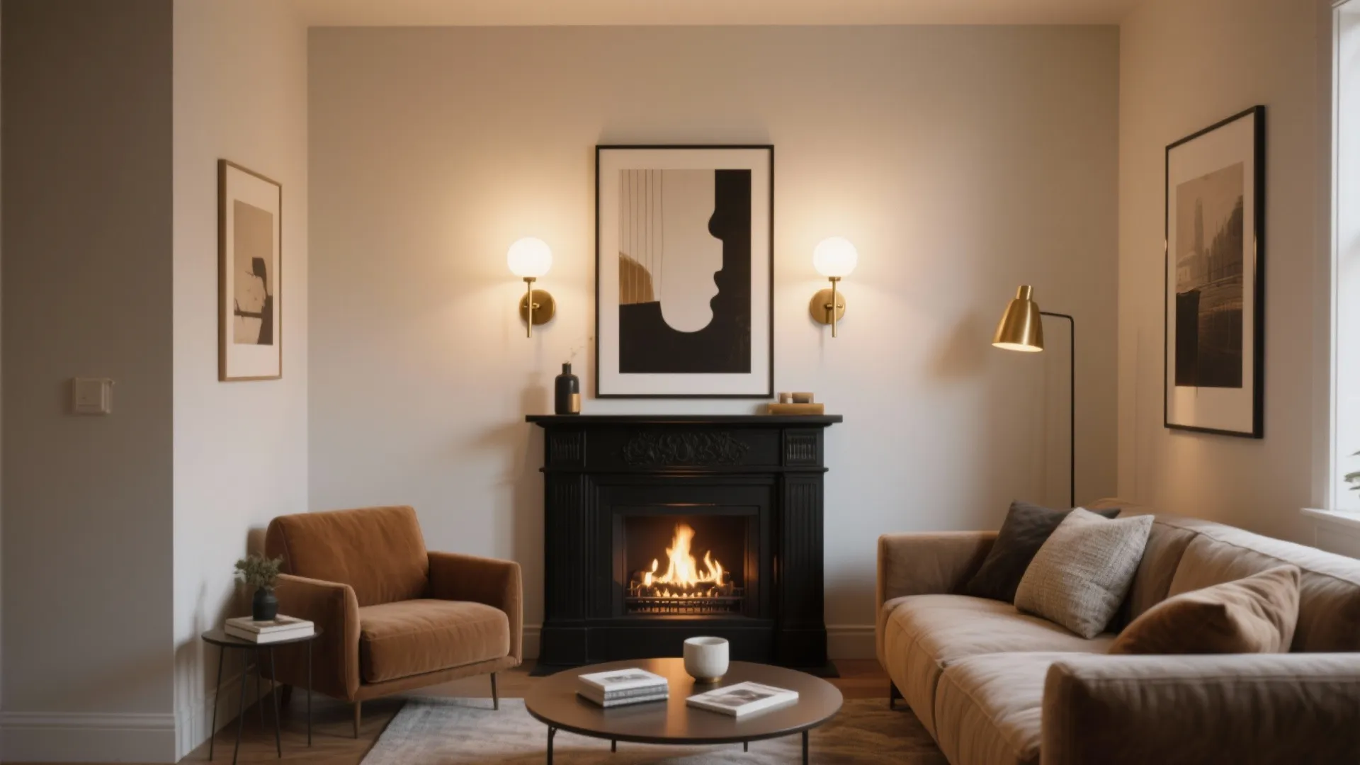Compact living room with a double light sconce centered above the mantel highlighting artwork