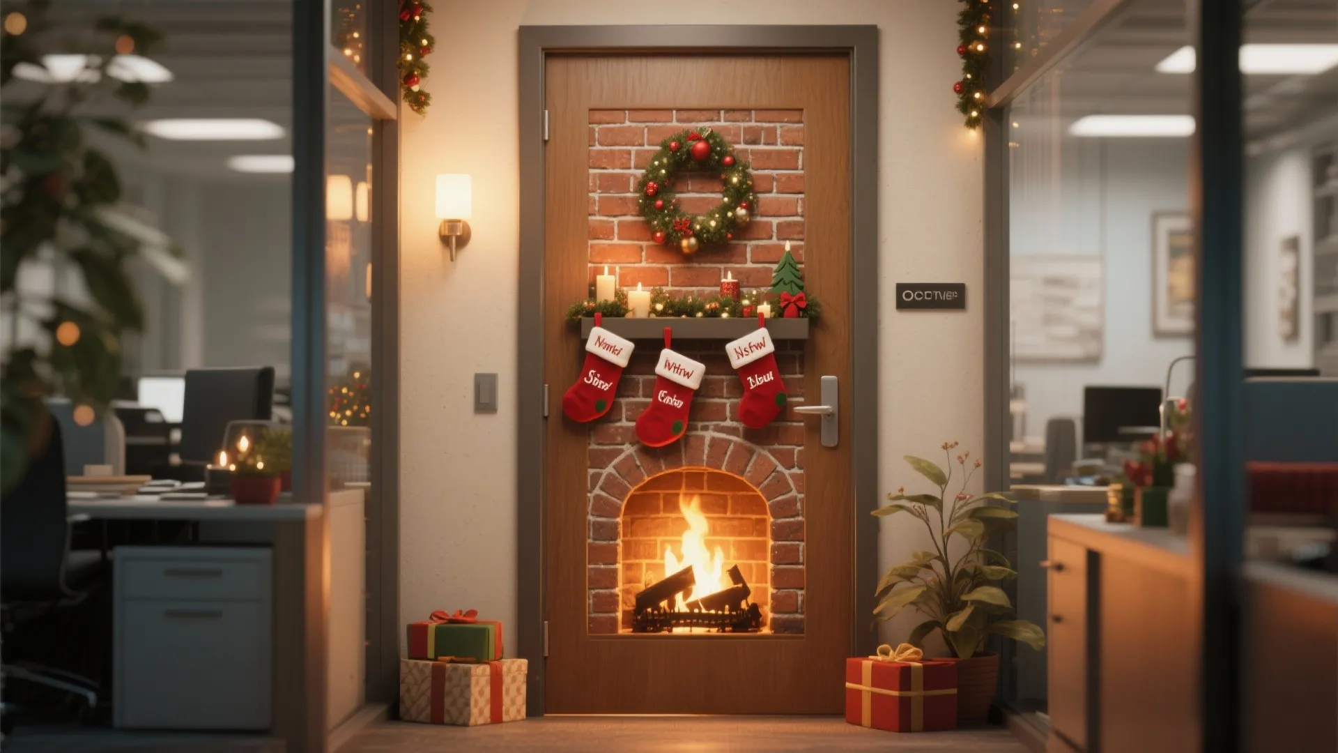 Office door decorated as a cozy fireplace with stockings