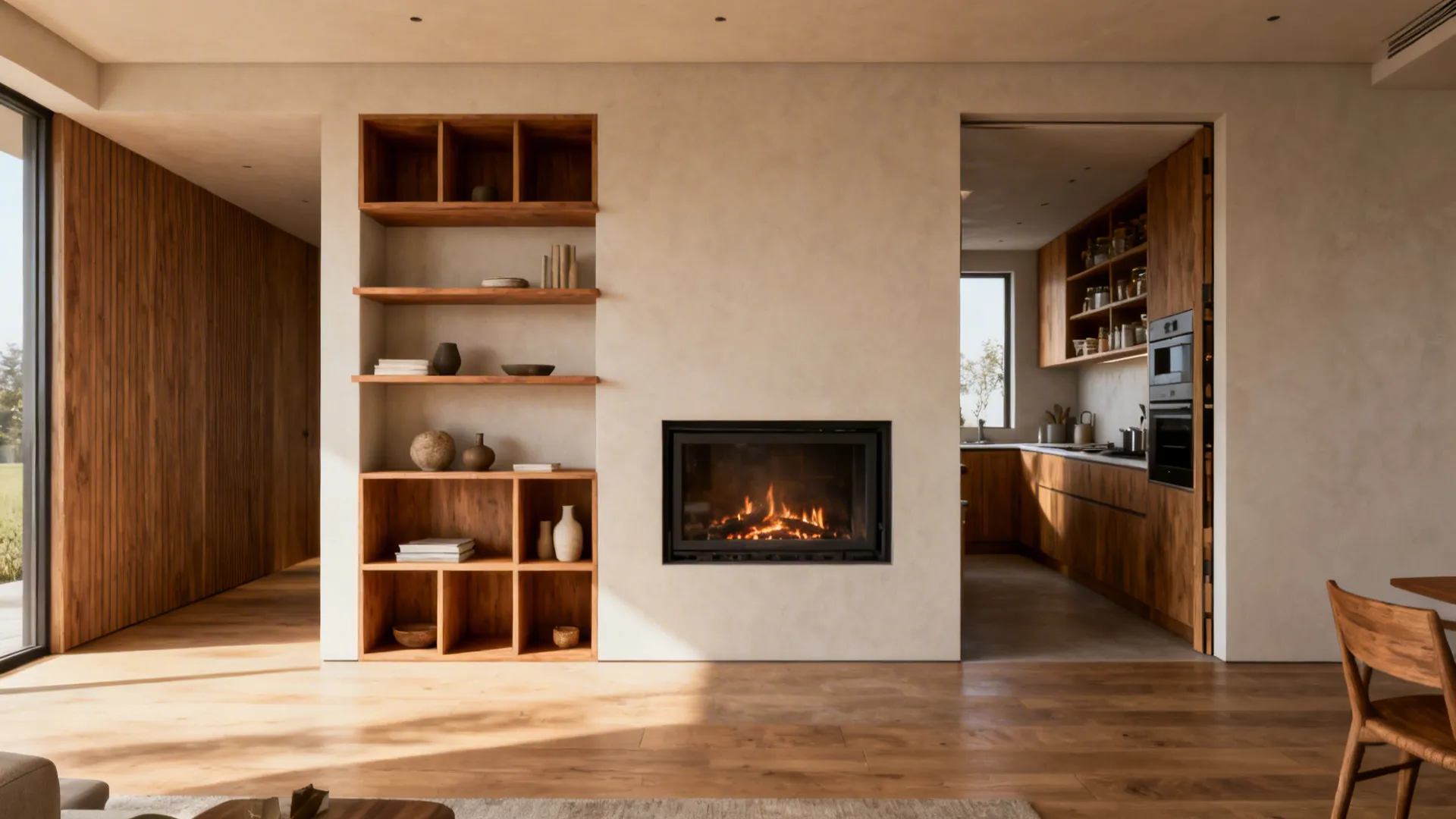 Fireplace divider with built-in wood cubbies and floating shelves, balancing storage and display.