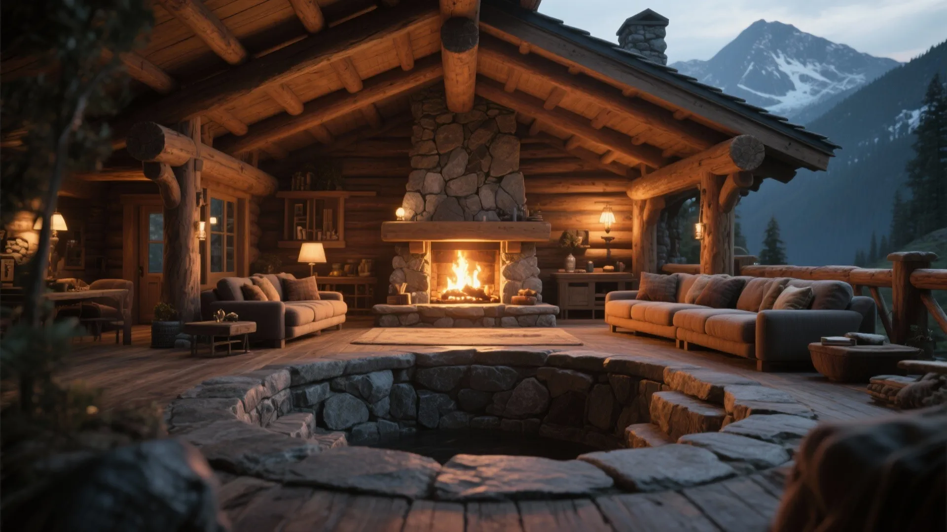 Rustic wooden cabin living room featuring stone fireplace cozy sofas warm lights and mountain view