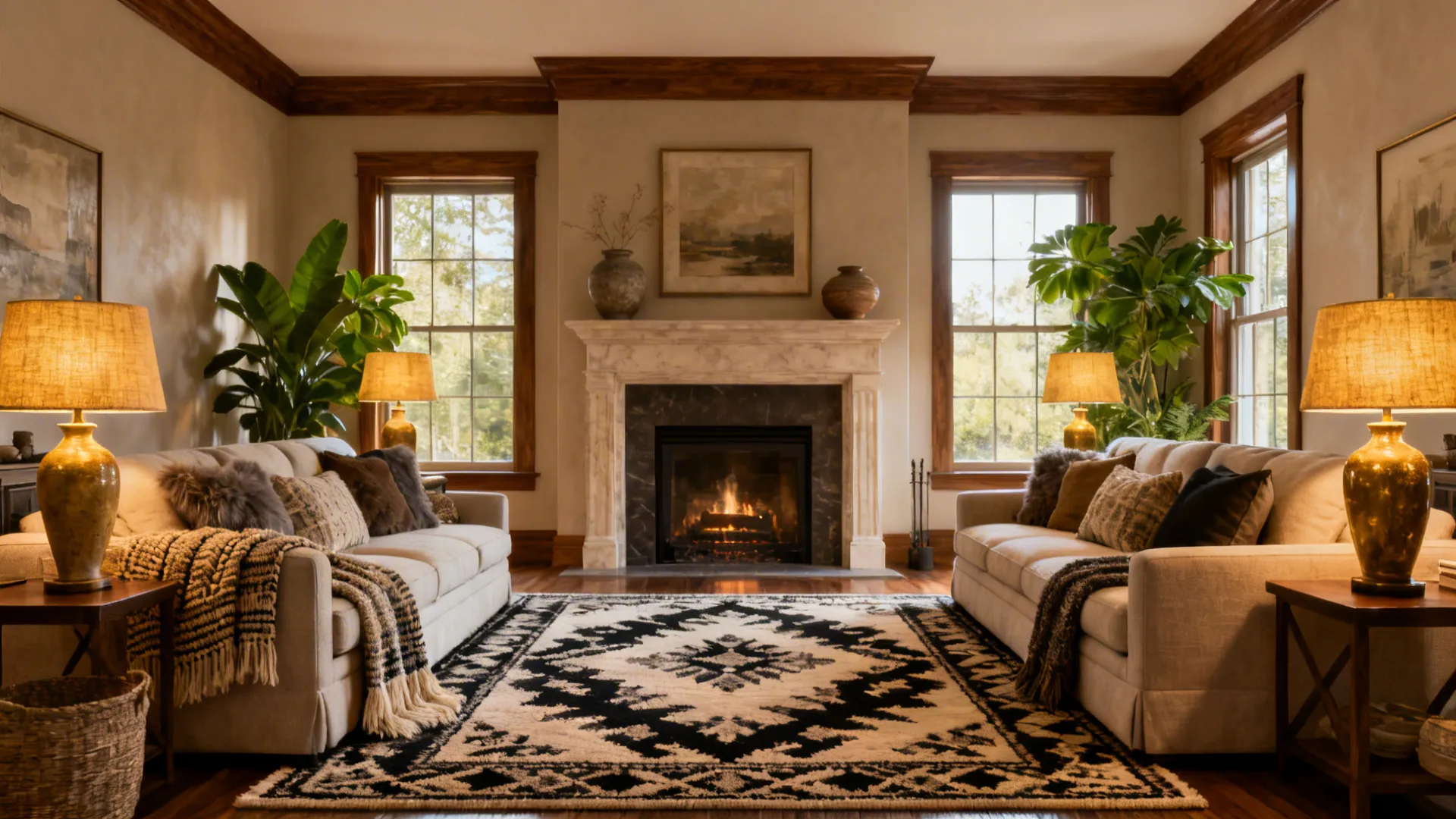 Symmetrical living room with two beige sofas black white rug central marble fireplace and lamps