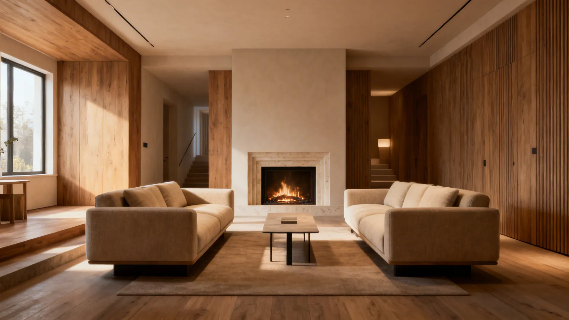 Minimalist living room interior design with wood wall panels two sofas and a central stone fireplace