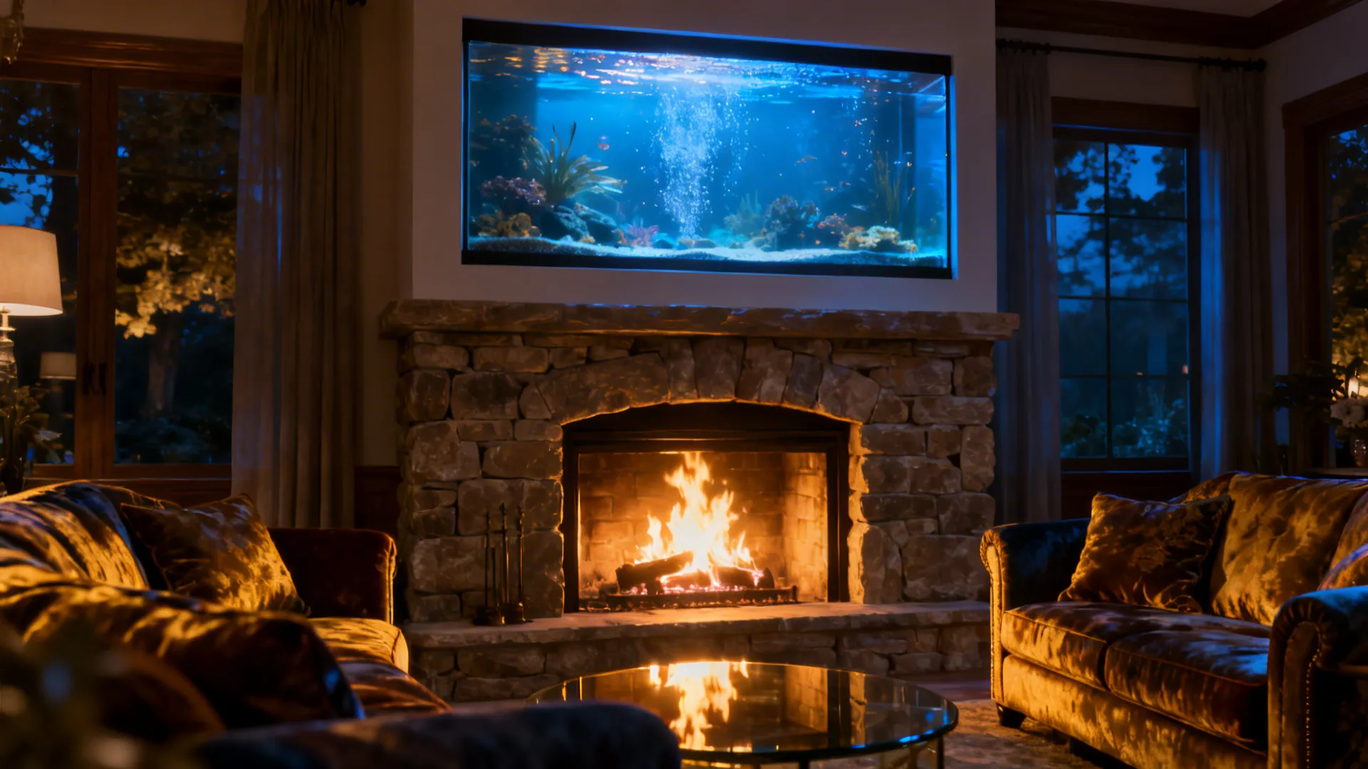 Cozy living room with aquarium mounted above fireplace combining warm glow and shimmering tank light.