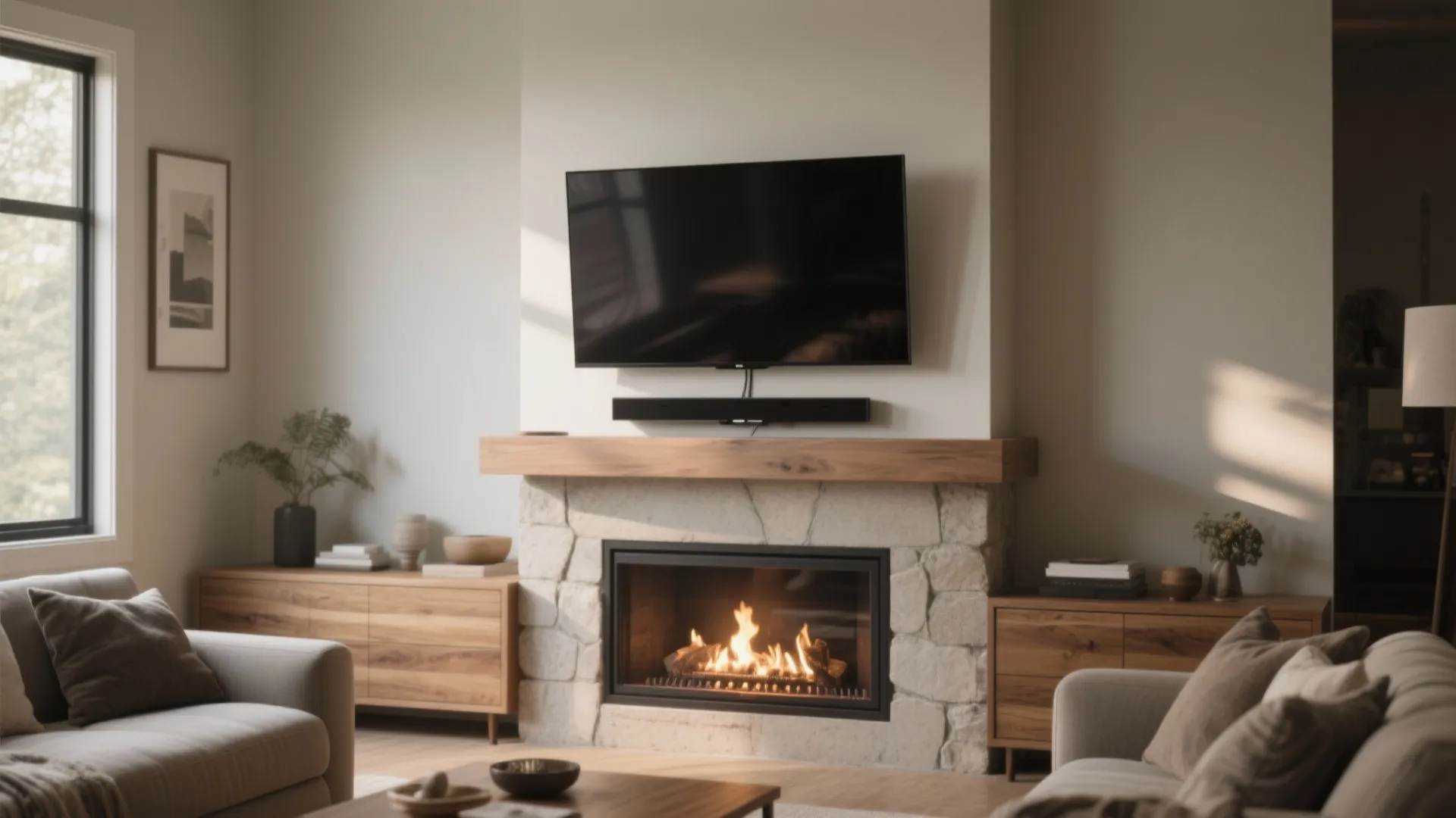TV Over Fireplace, Low-Profile Mantel
