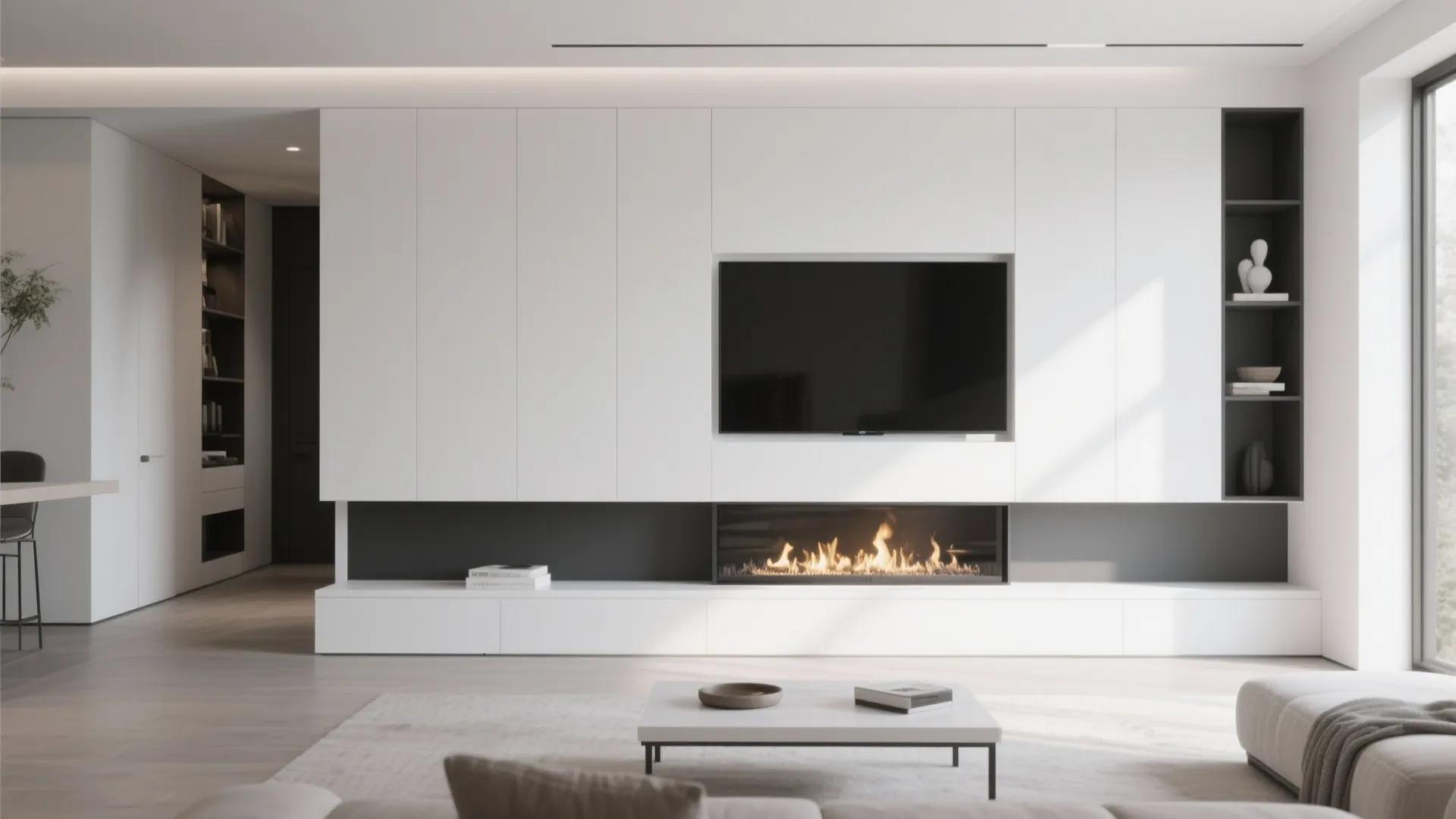 9. Sleek White Fireplace Wall with TV Integration