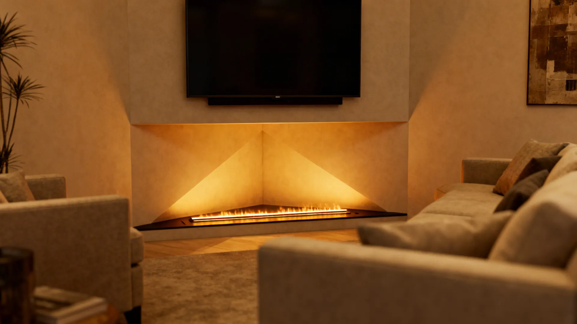 4. Corner fireplace + TV pairing (stack or side-by-side)