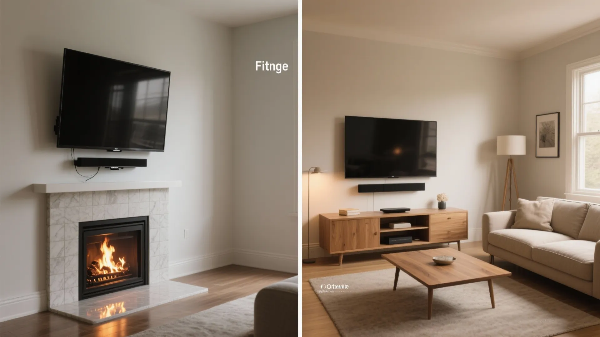 Side by side comparison of television over a fireplace versus television on a wooden cabinet