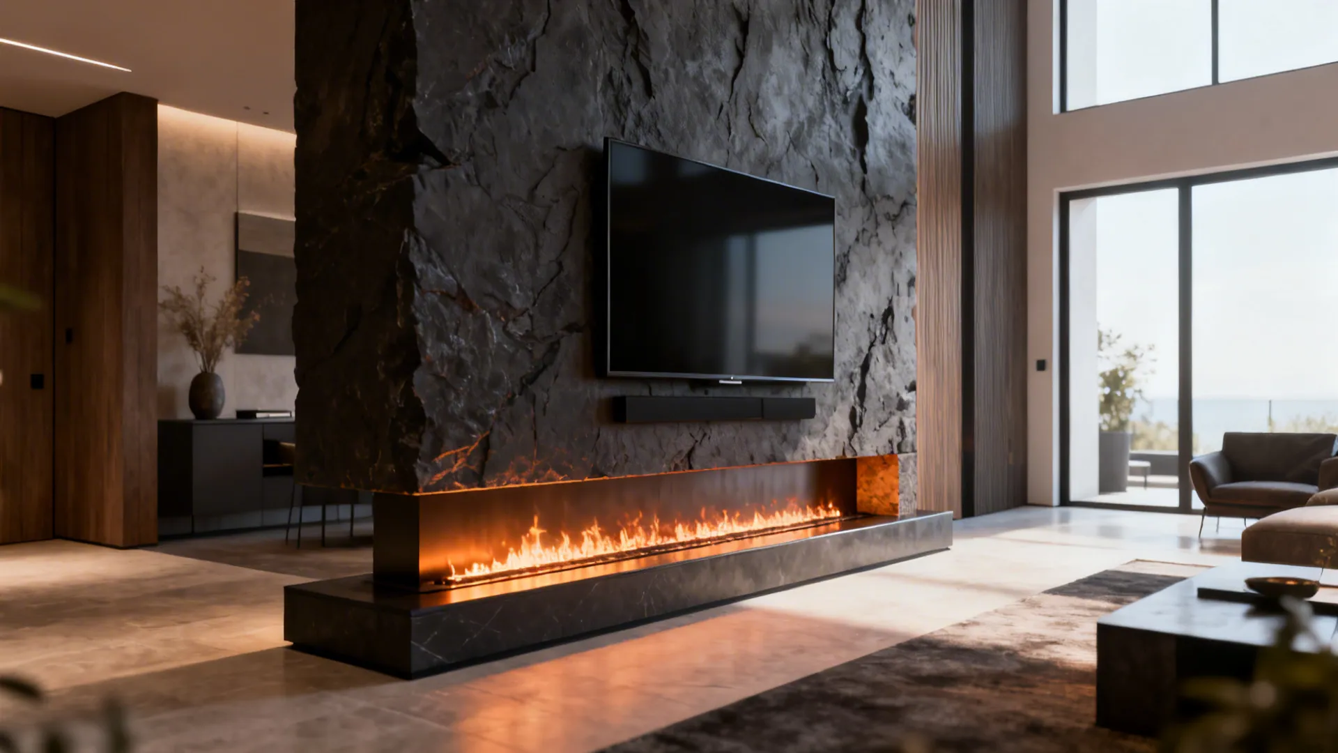 Stacked TV above a linear fireplace creating a dramatic focal wall in an open-plan living room.