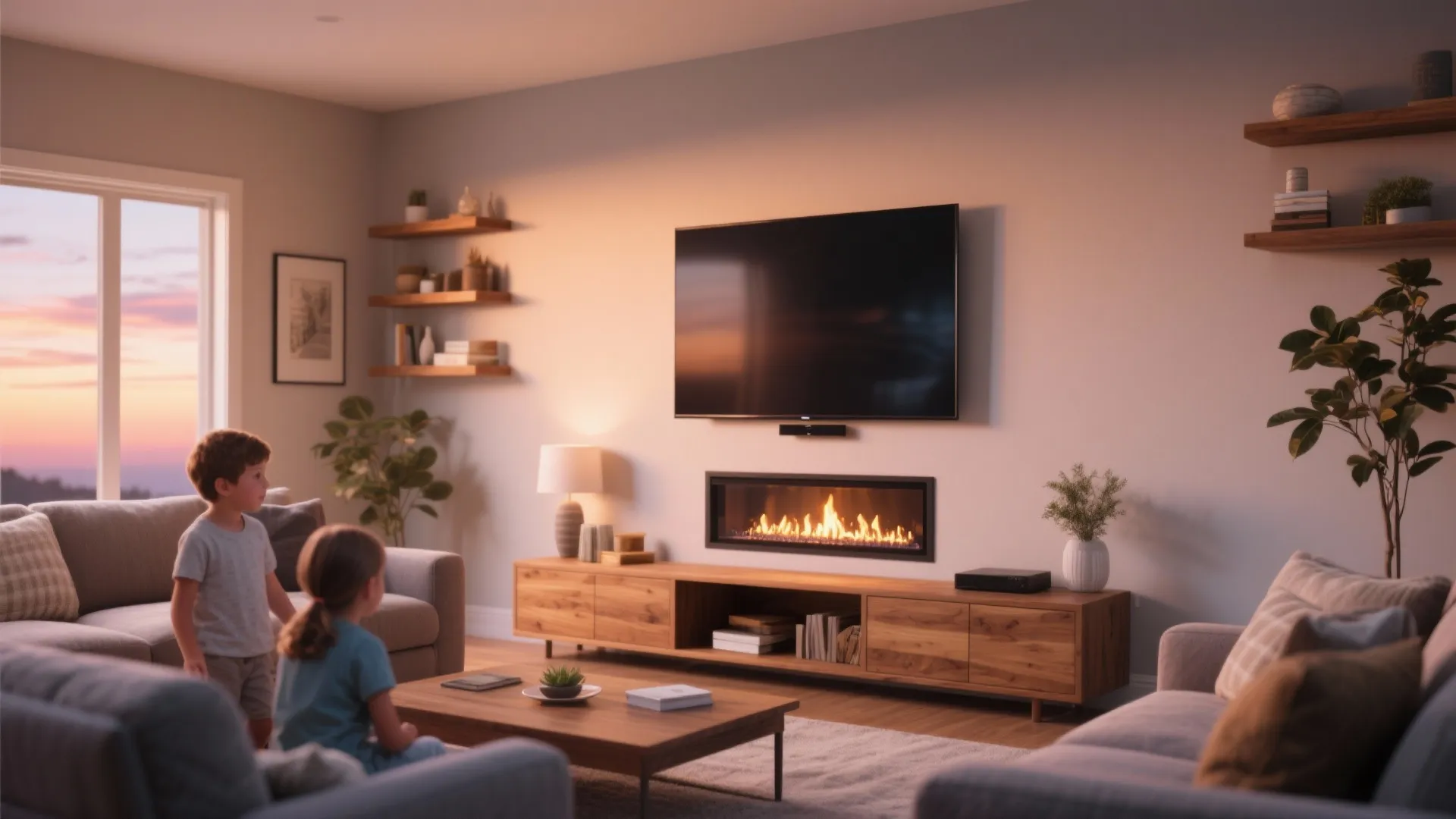 Warm living room with television fireplace wooden cabinet grey sofa and children watching the sunset