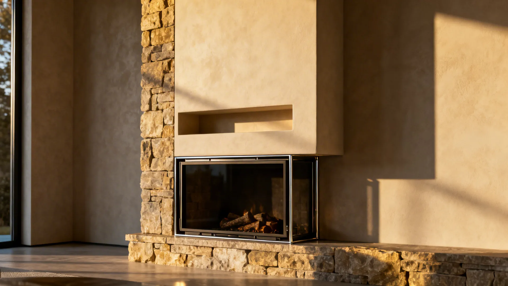 Full-height stone fireplace surround and continuous plaster treatment in a two-story living room