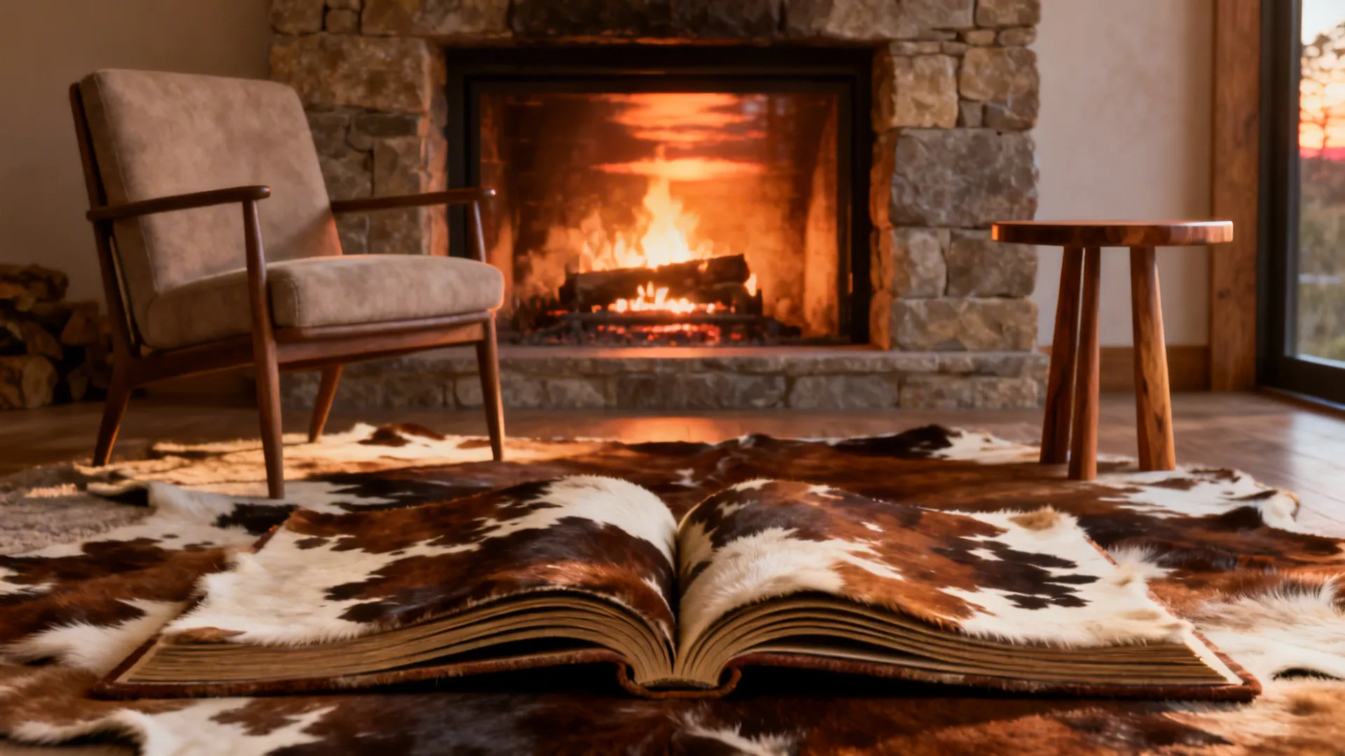 Intimate hearth vignette with two cowhide rugs overlapped like an open book beneath an armchair.