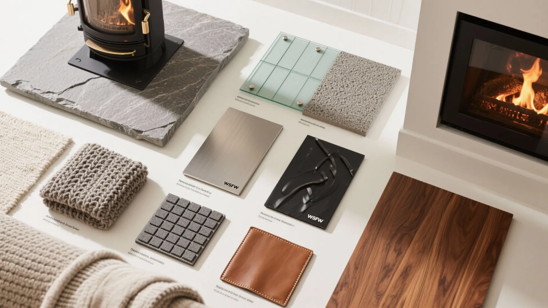 Flatlay of non-combustible panels, hearth pad materials, and warm textiles for a pellet stove area.