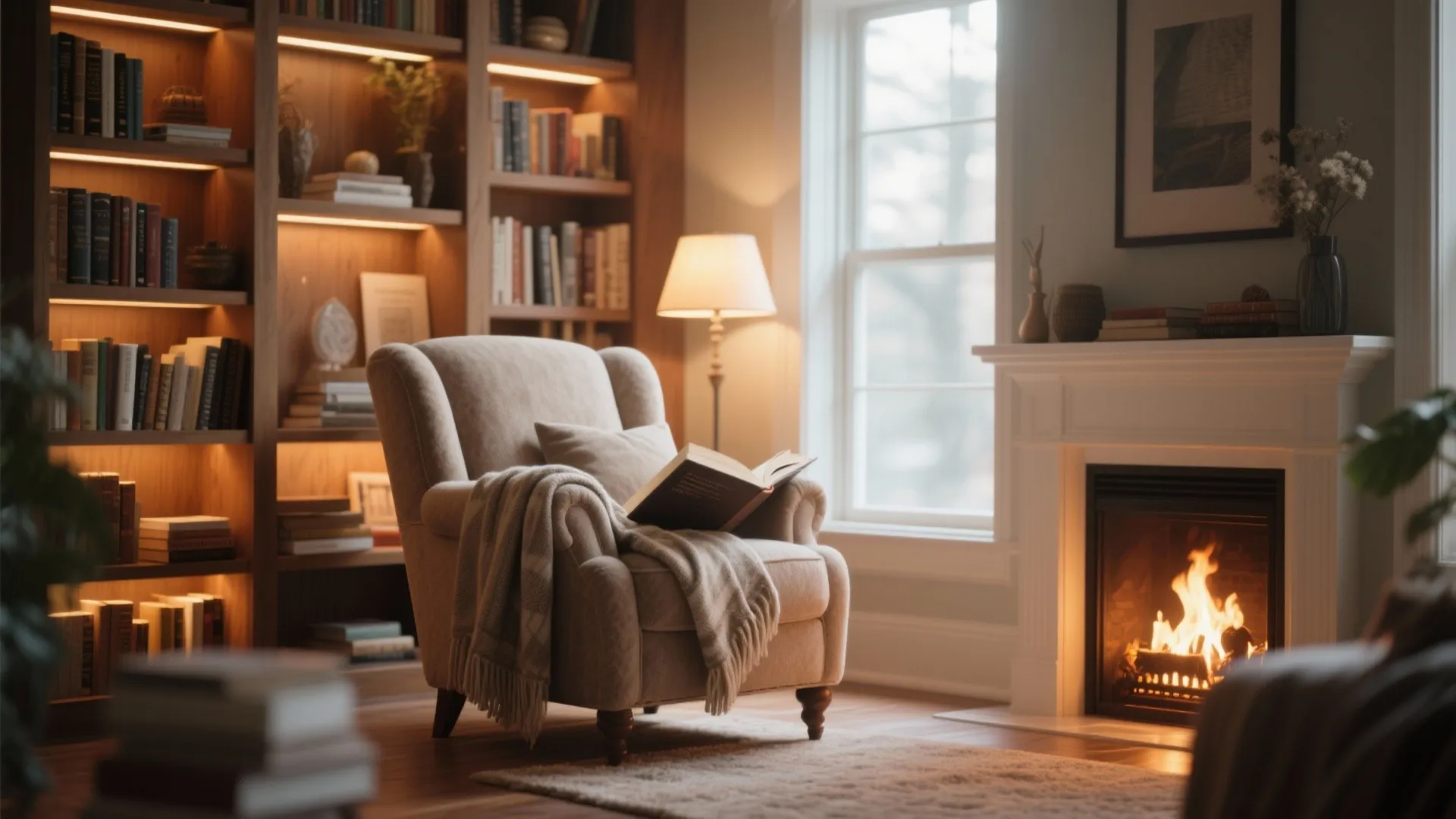 7. Cozy Reading Nook by the Fireside