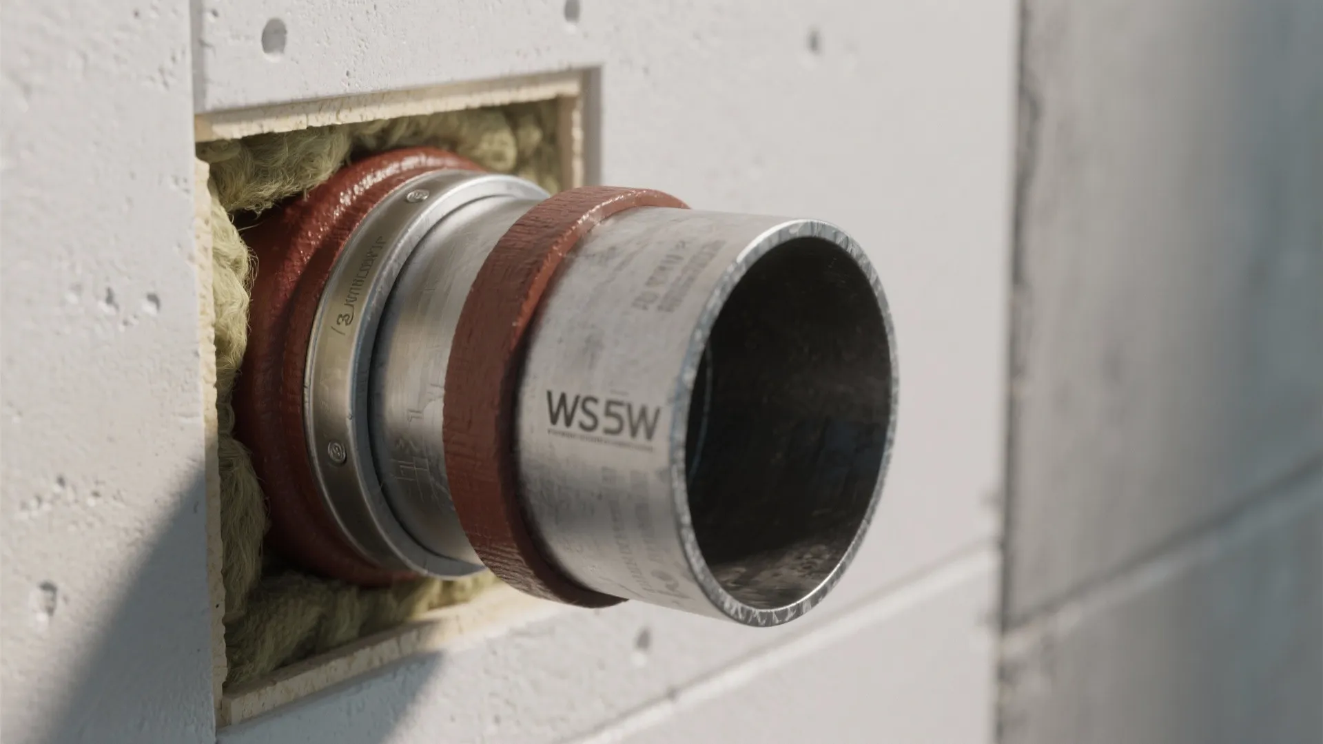 Close up of a metal pipe with red ring passing through a white insulated wall