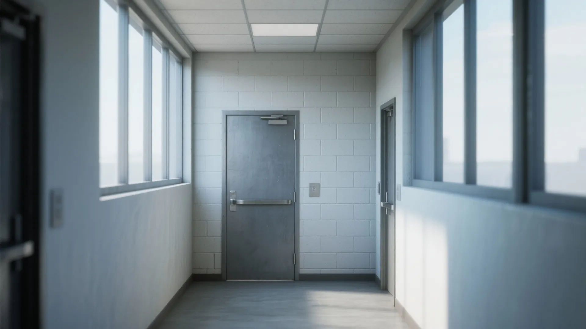 Bright office hallway with white brick wall panel and grey metal door between large windows