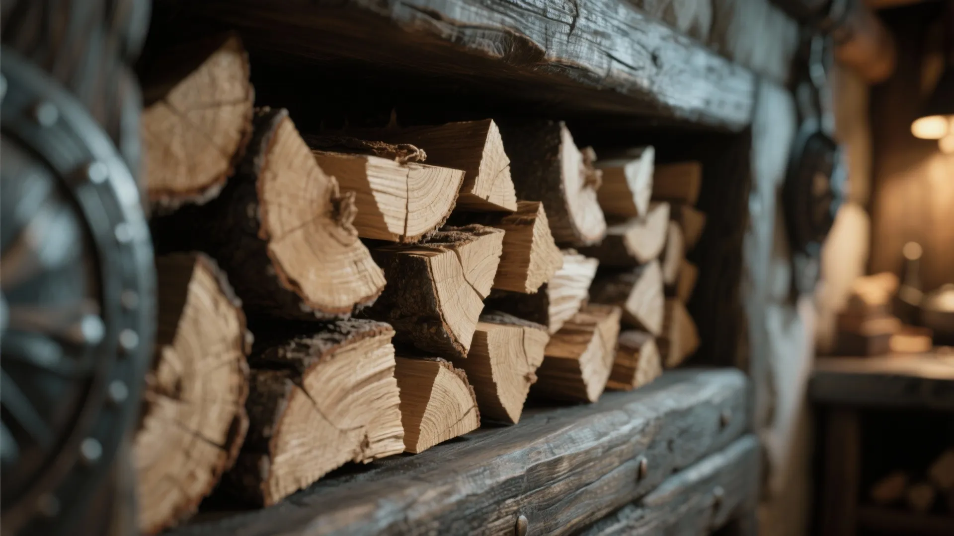 Stacked firewood inside a rustic kitchen niche