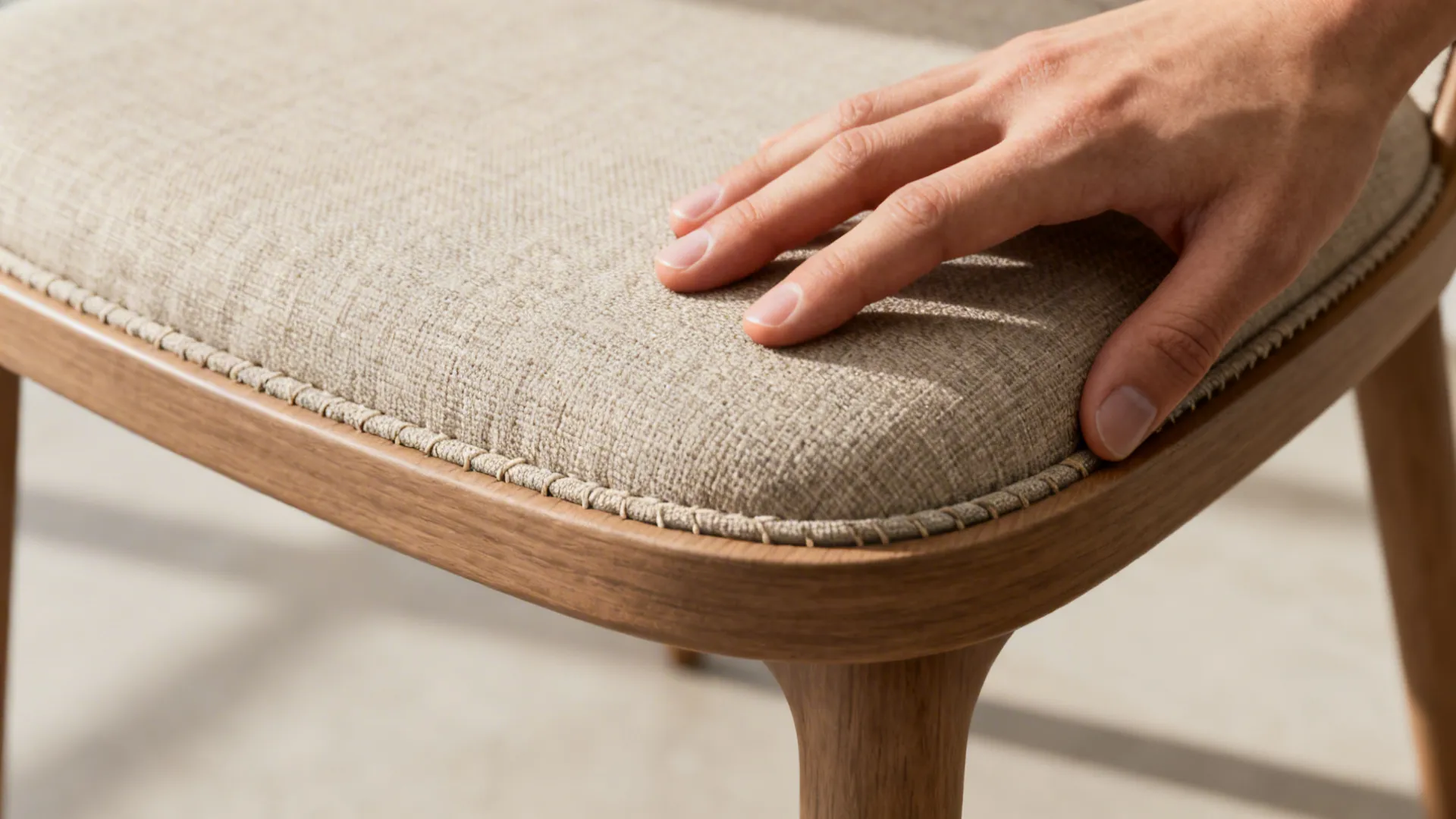 Close-up of a medium-firm chair cushion with a defined seat edge and linen blend fabric