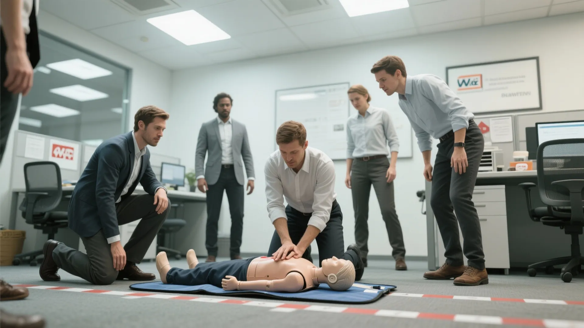 Medical training session with people practicing life saving techniques on a dummy in an office setting