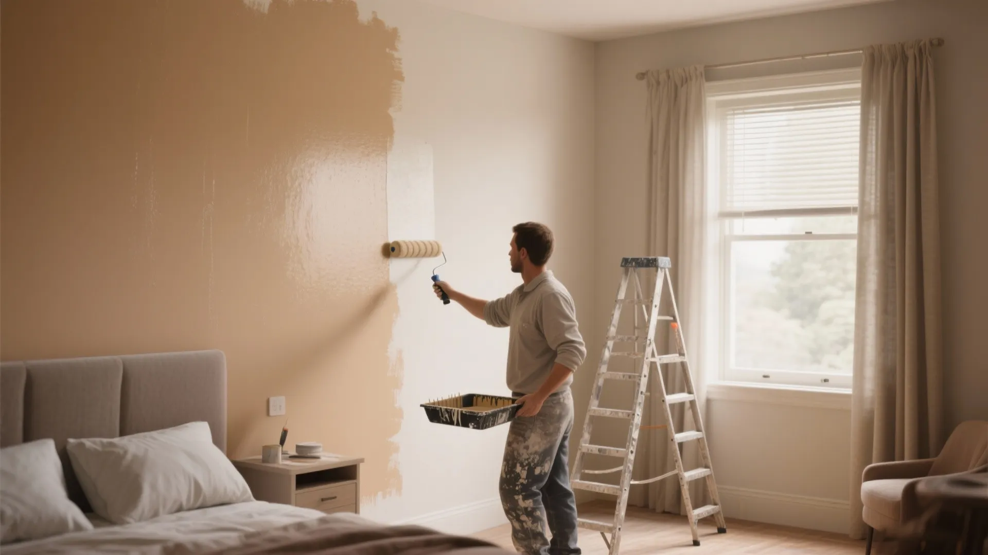 Professional painter applying a beige first coat to a bedroom wall using a paint roller