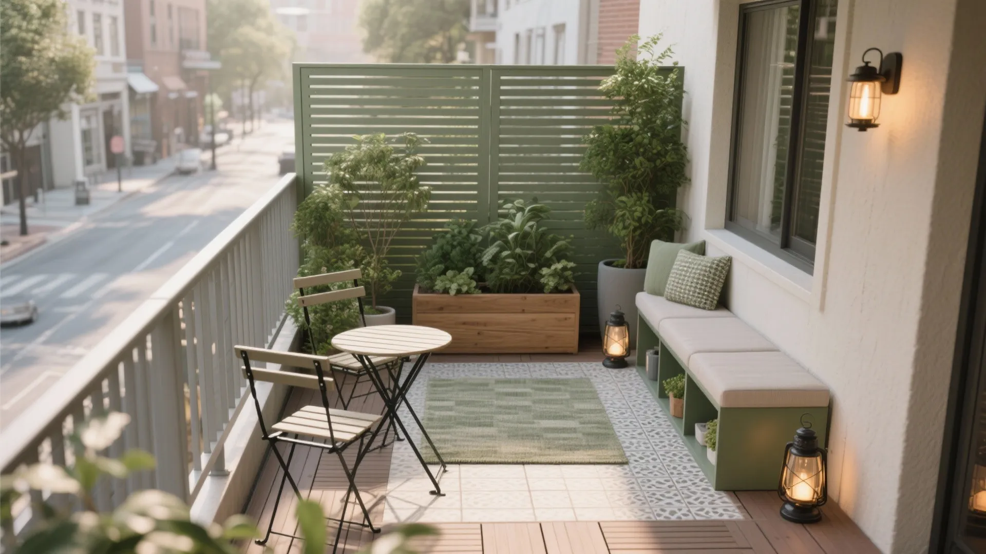 Cozy balcony featuring green privacy screen, small table, two chairs, outdoor bench, rug, and lanterns
