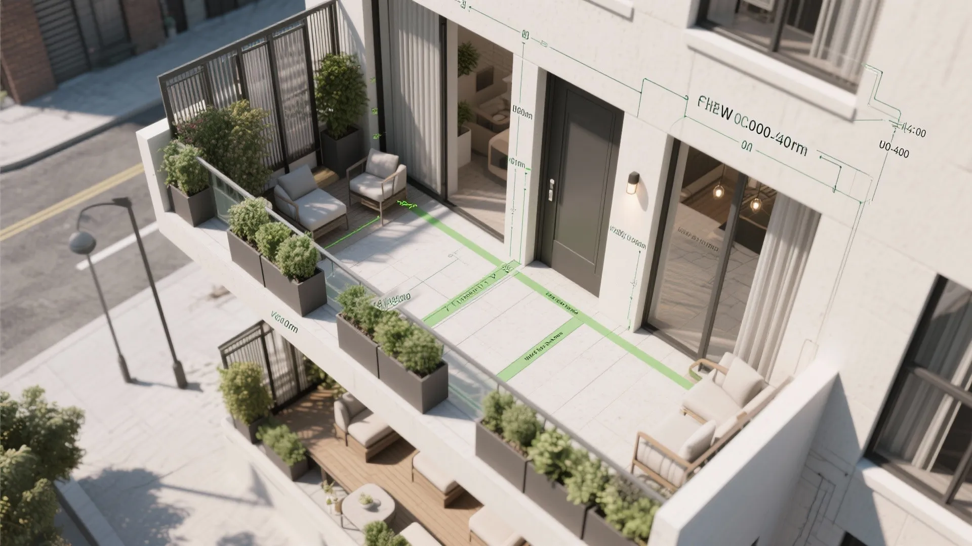 Interior design drawing showing balcony floor plan measurements with chairs green plants and white walls