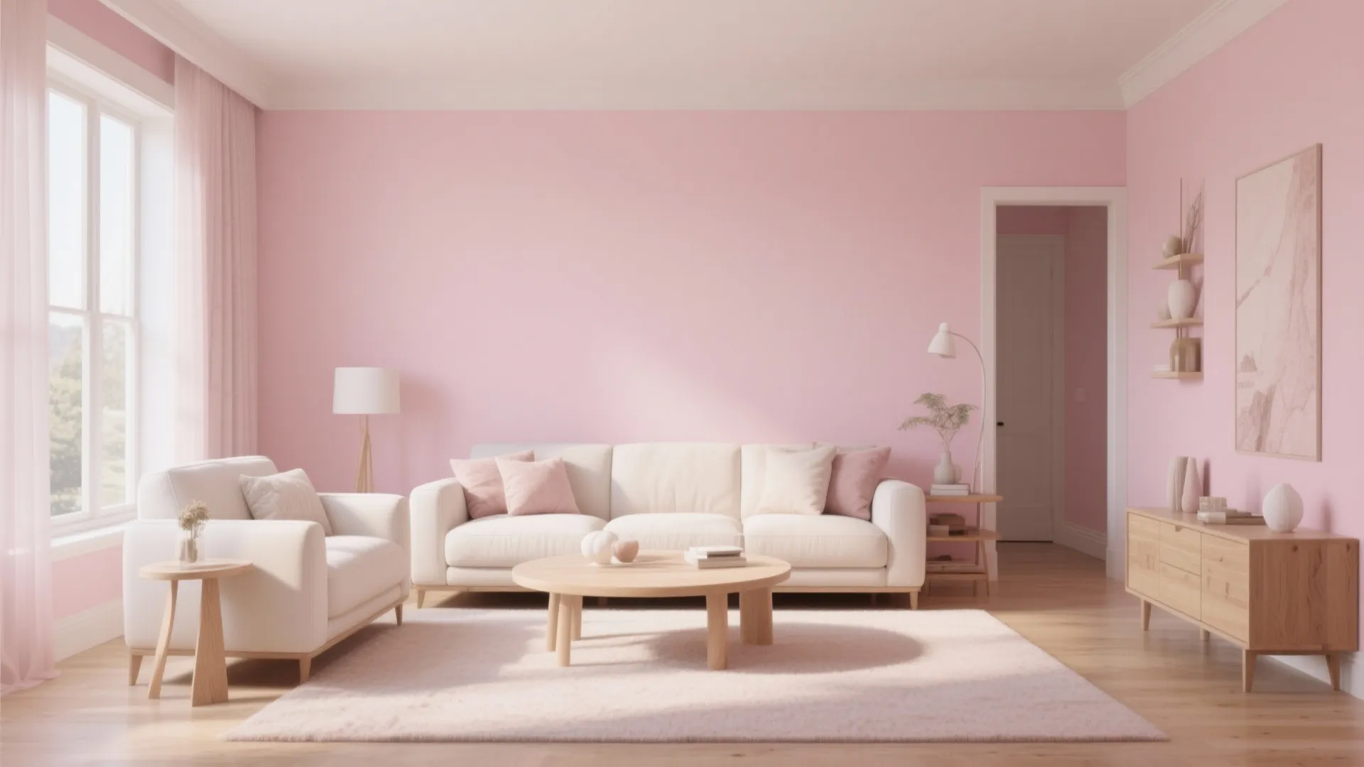 Modern living room in First Light blush pink with cream accents