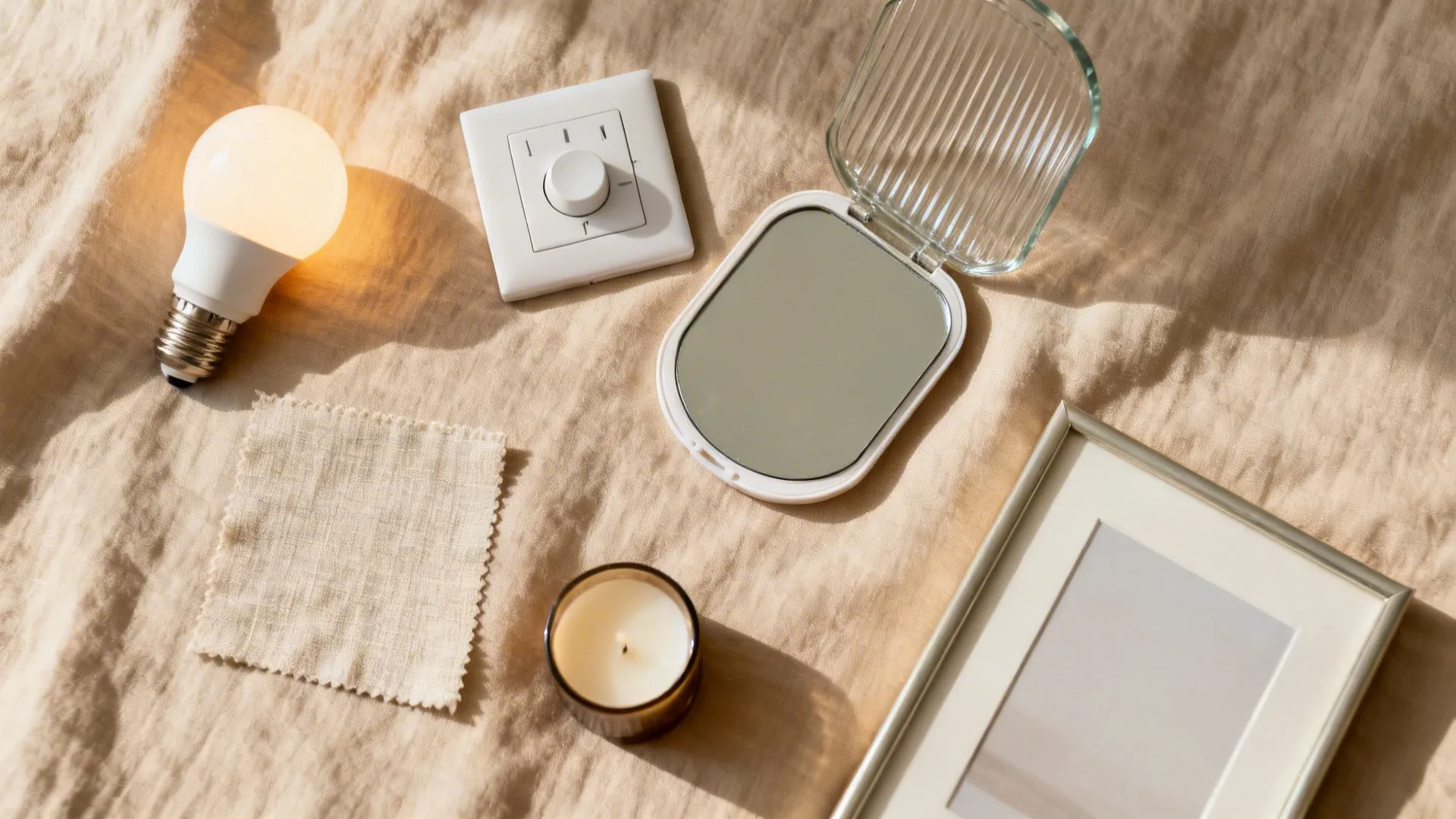 Flat lay with warm bulbs, dimmer, linen swatch, ribbed glass sample, candle, and a simple frame.