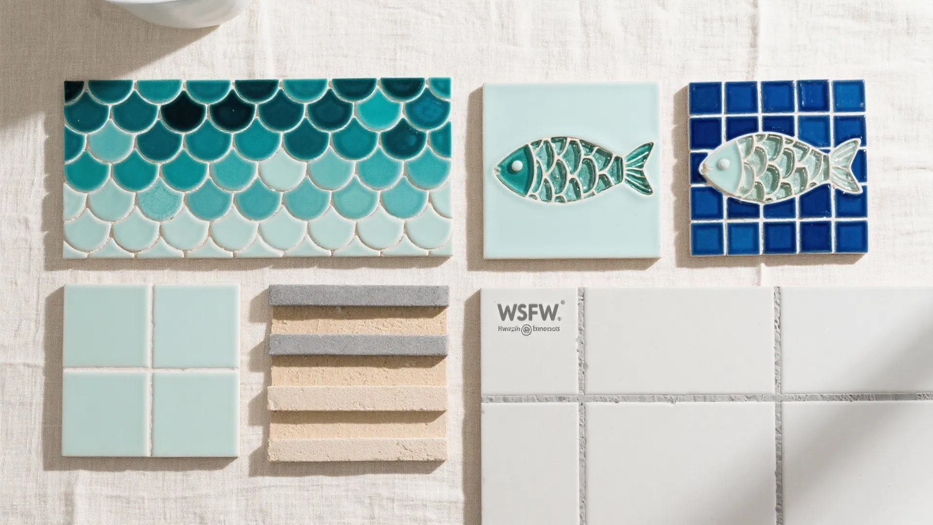 Collection of colorful ceramic wall tiles with blue fish scale patterns and square bathroom designs