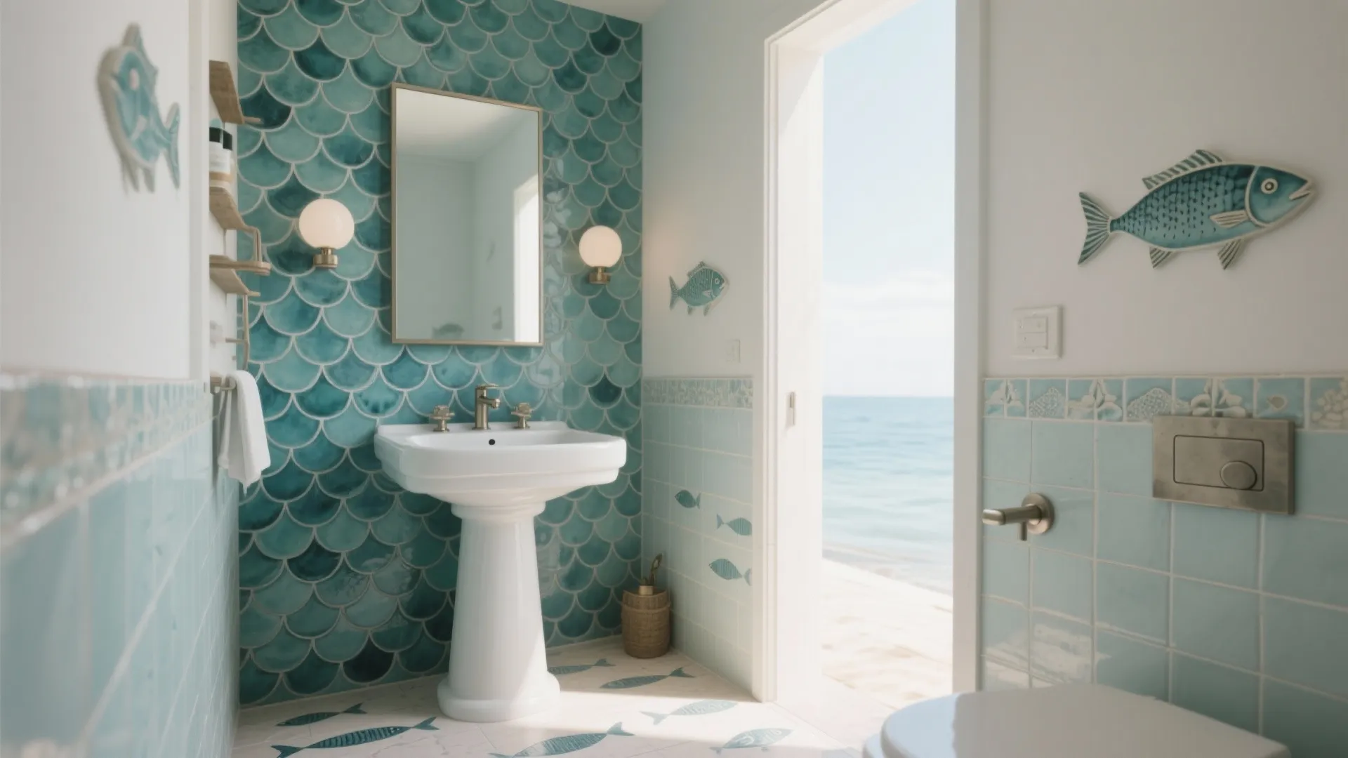 Mediterranean bathroom with teal fish scale wall tiles a white pedestal sink and ocean views
