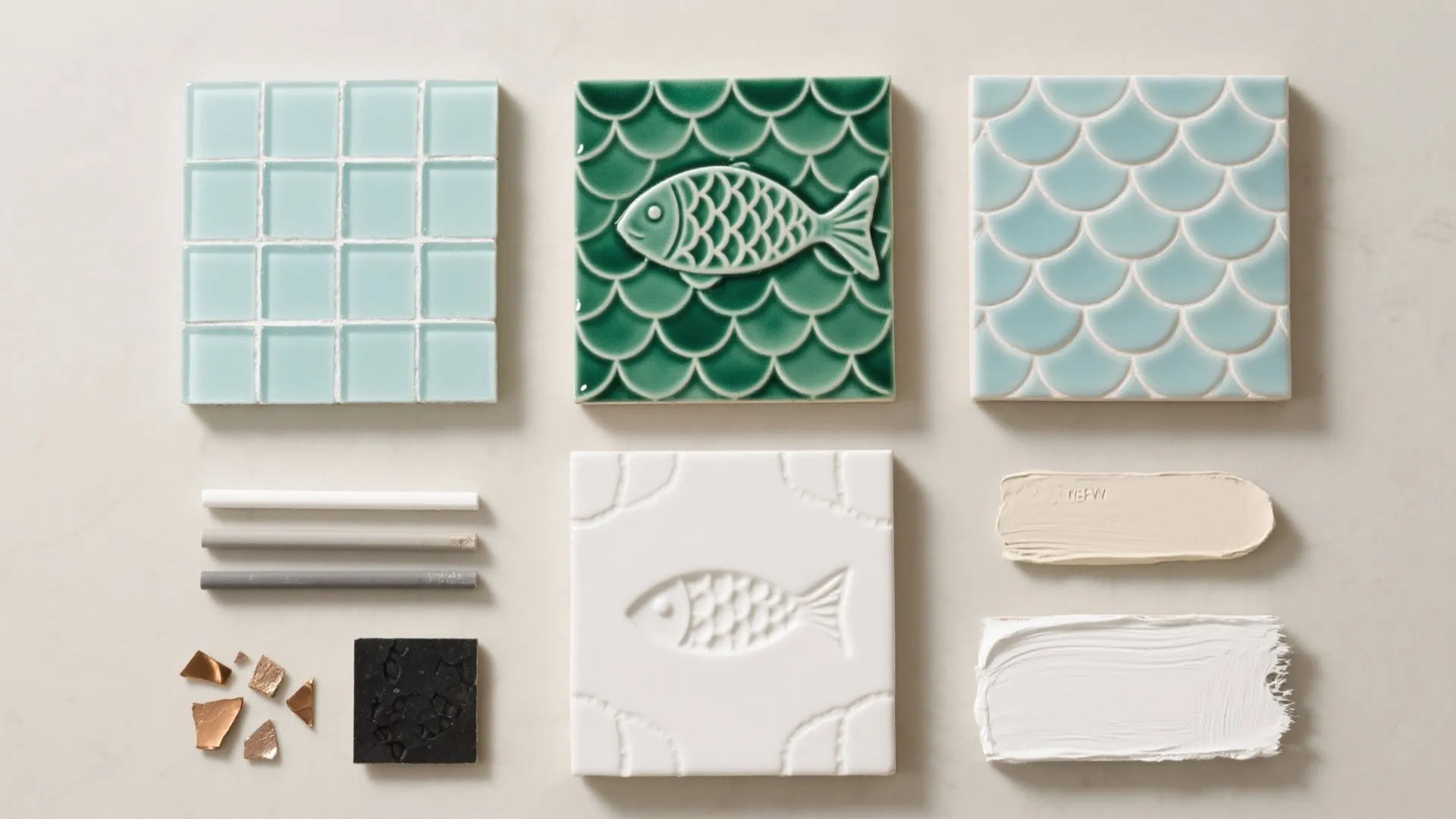 Flat lay of fish-themed tile samples, grout sticks, and finish chips summarizing design options.