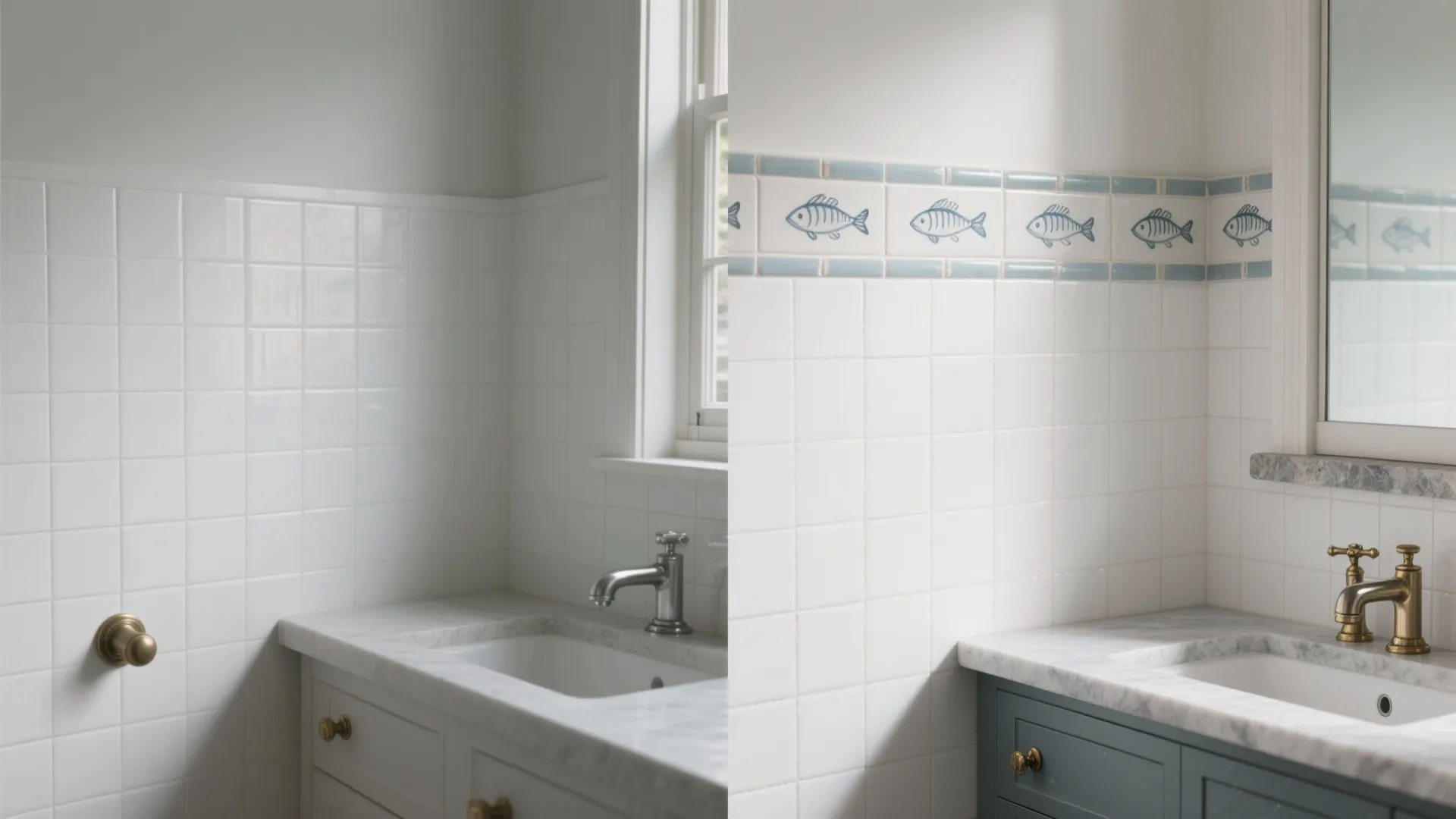 Side by side comparison of plain white bathroom tiles and tiles with blue fish border