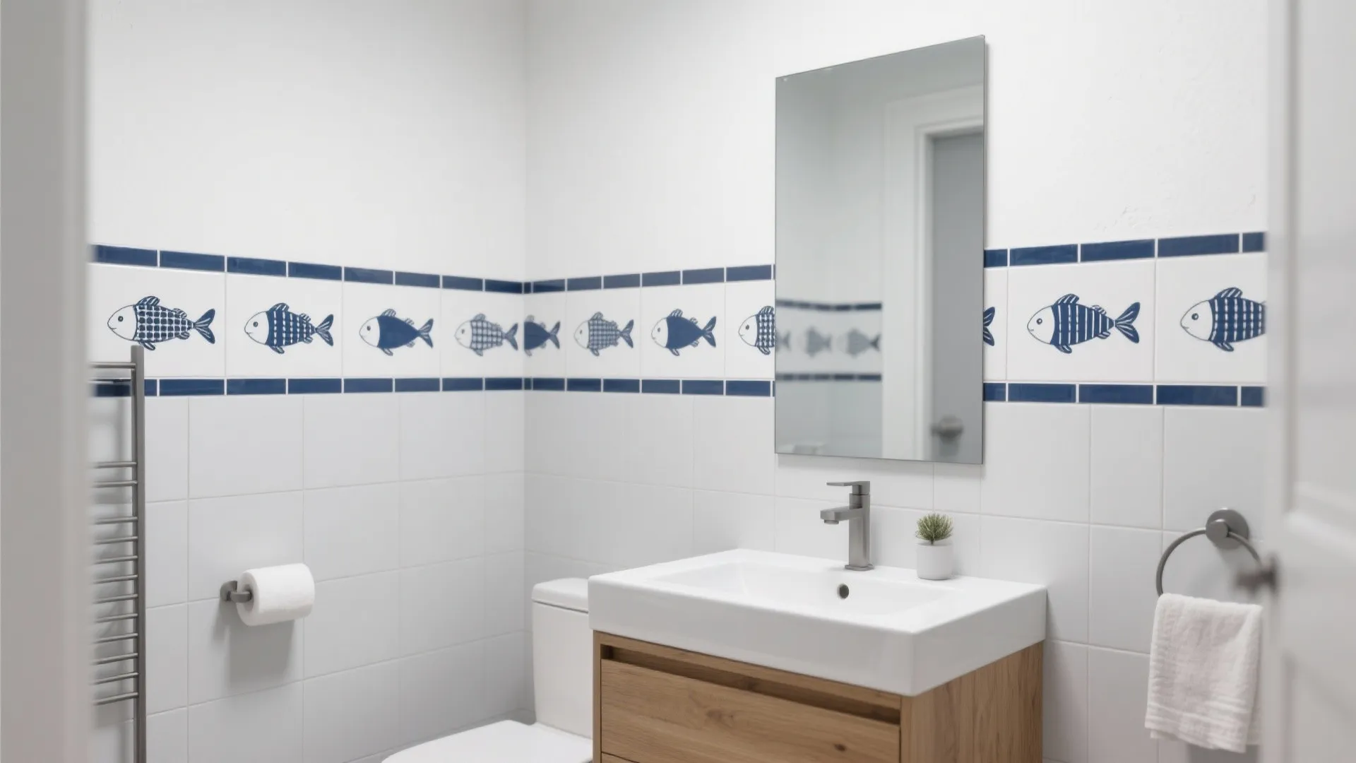 Small bathroom with a navy fish motif tile band at eye level against neutral walls.