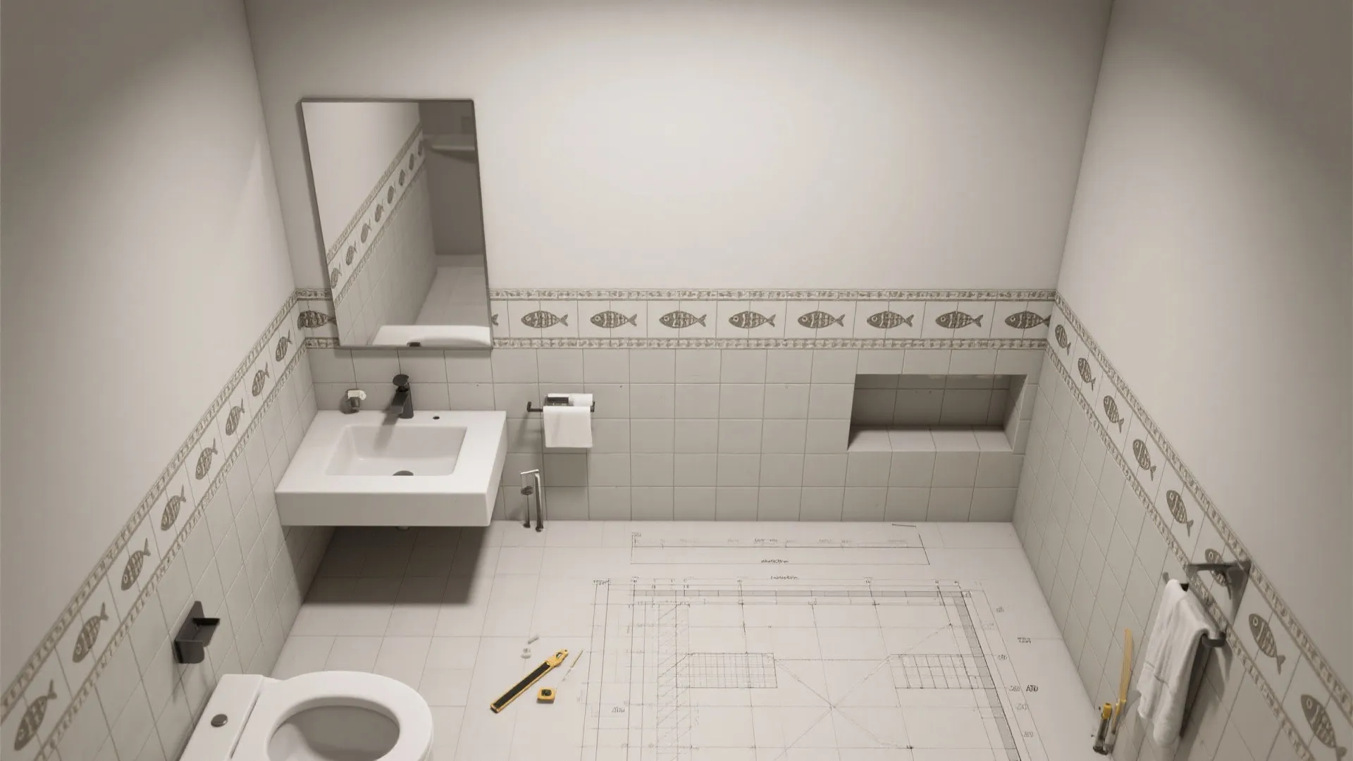 Top-down layout plan for a fish motif tile band aligned with mirror and niche.