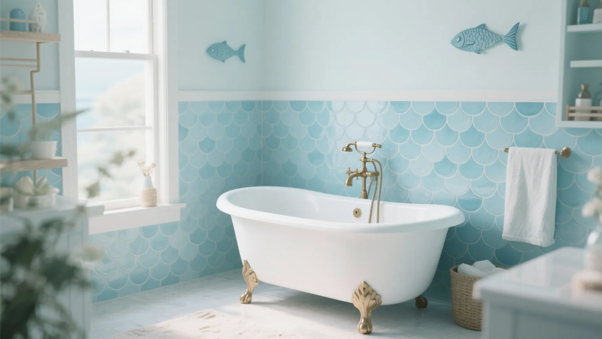White bathtub with gold fixtures set against light blue fish scale wall tiles in bathroom