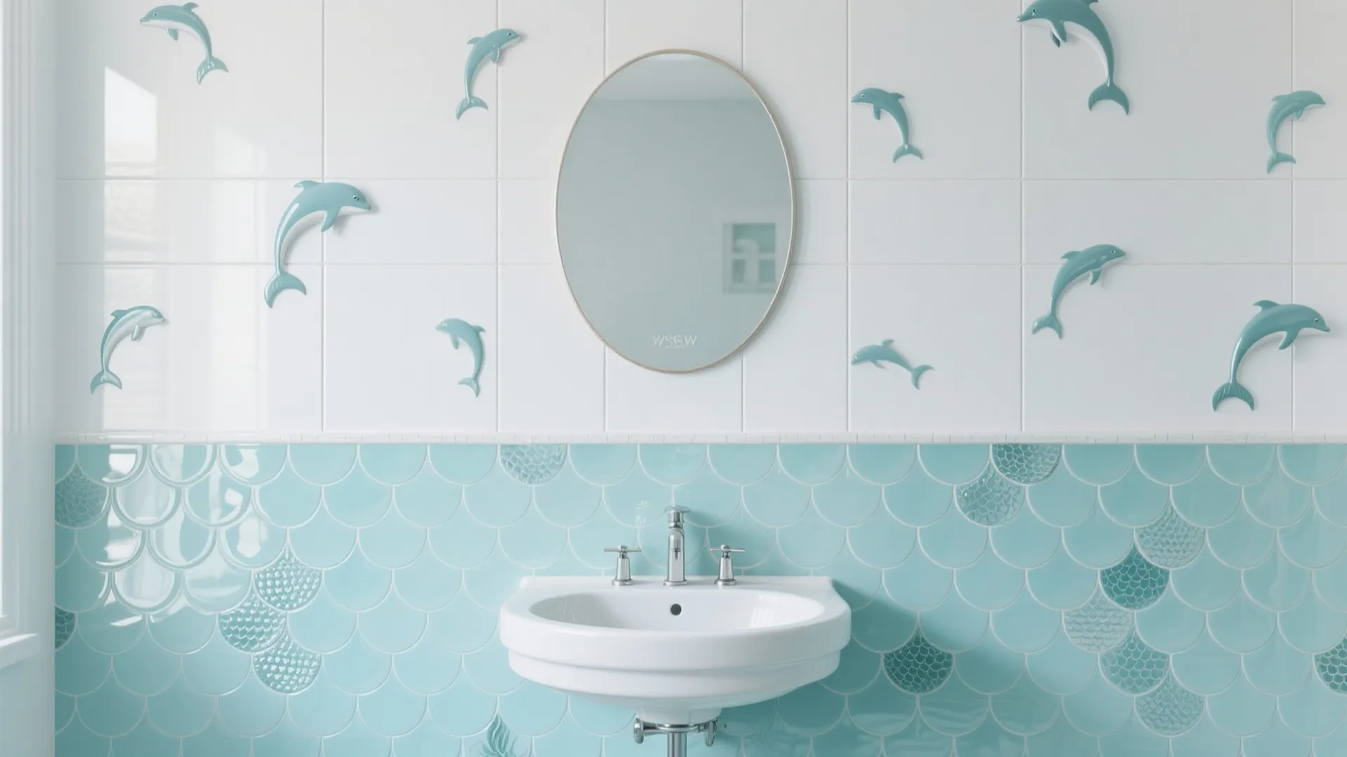Modern bathroom featuring blue fish scale tiles, white sink, oval mirror, and blue dolphin decorations