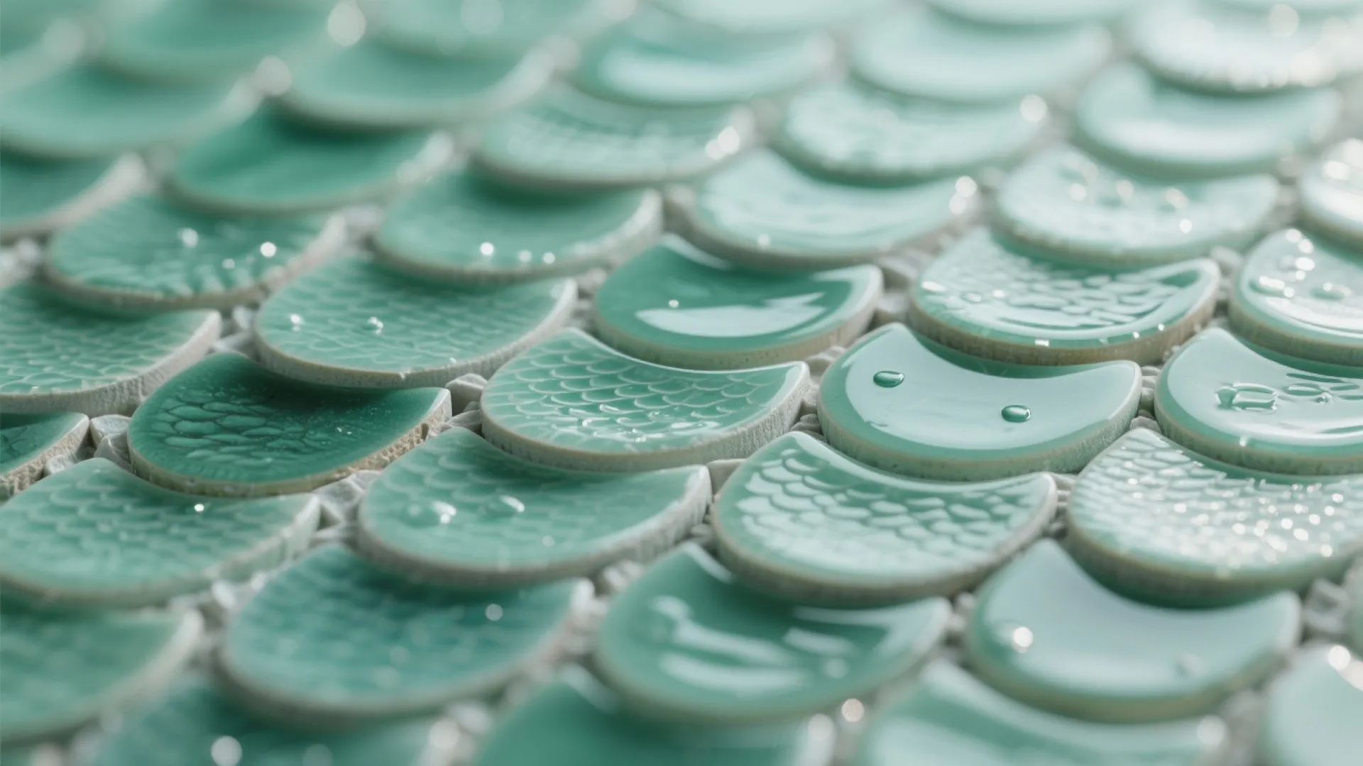 Macro view of jade fish-scale tiles with glossy glaze and mid-tone grout.